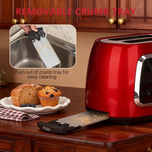 Culinaid Toaster 2 Slice Smart Touch Screen, Retro 1.5'' Extra Wide Slot Stainless Steel Digital Bread Toaster with Memory Function, Bagel, Defrost, 6 Browning Levels and Removable Crumb Tray, Red