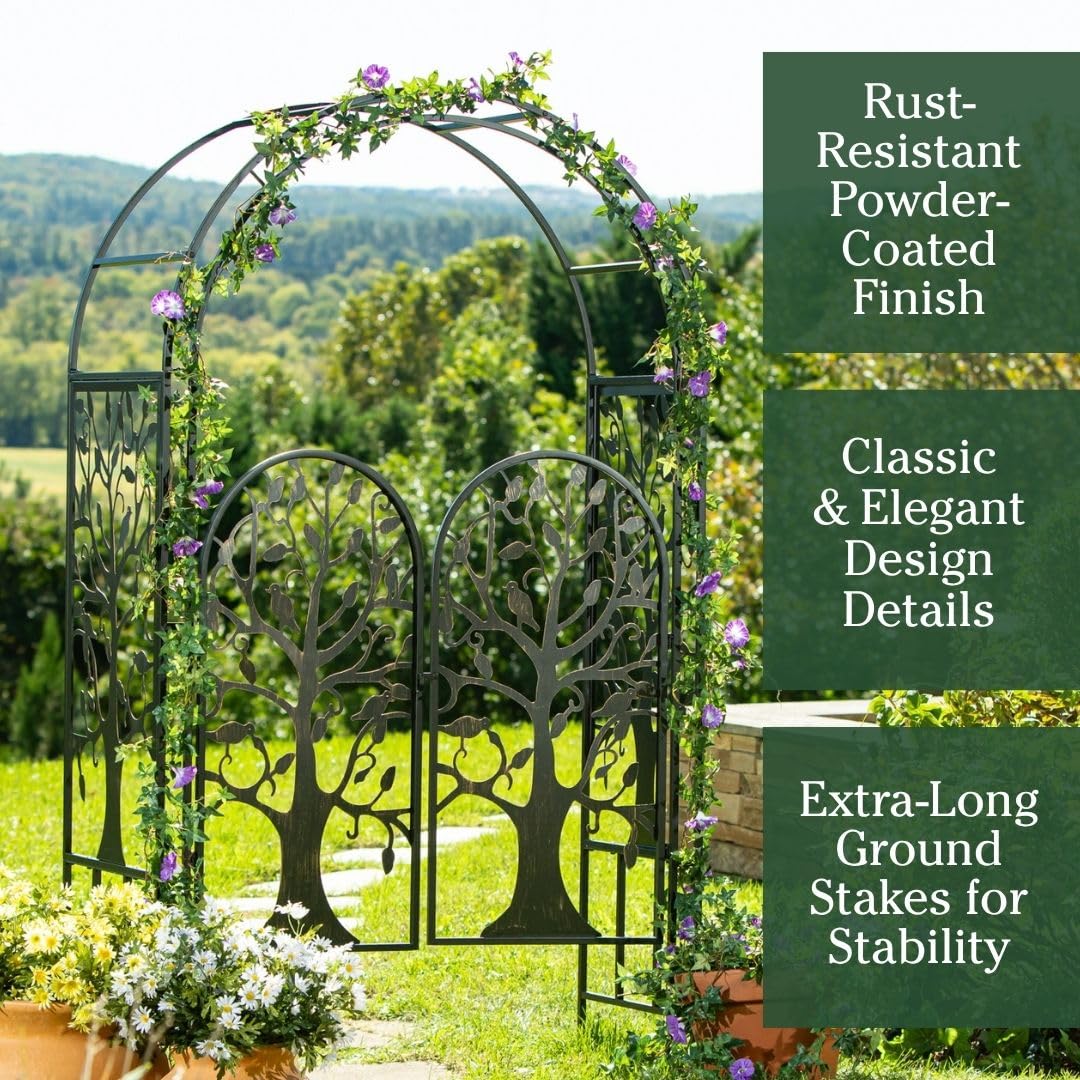 Plow & Hearth Arch Metal Outdoor Garden Arbor, 84 inches Tall, Iron Trellis Lattice for Climbing Plants, Wedding Arch, Outdoor Patio Décor (Tree of Life with Gate)