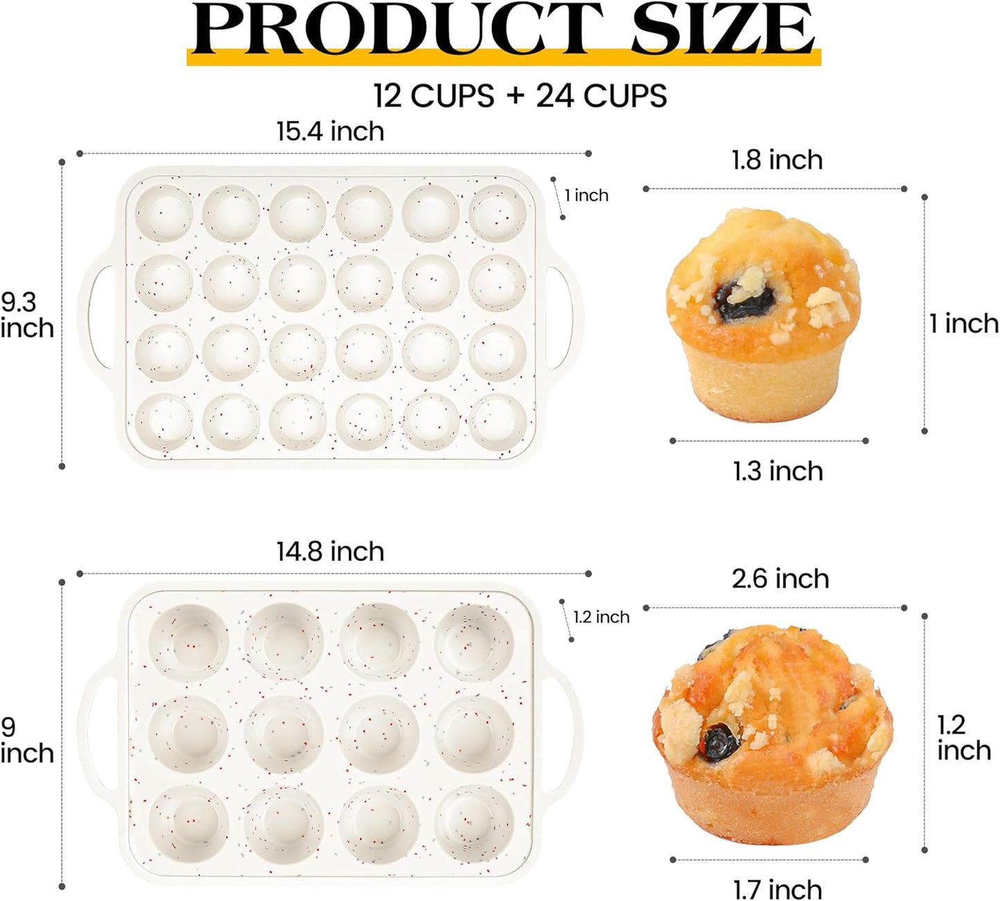 Skiennix Nonstick Cupcake Pan Set - 12 Cup & 24 Mini Muffin Molds | BPA-Free Silicone, Cream Color (2 Pcs)