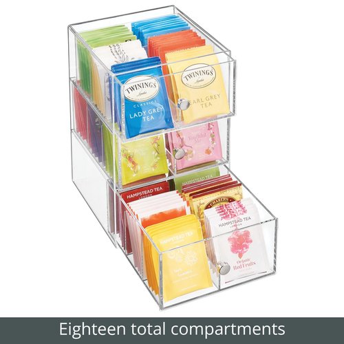 mDesign Plastic Wide Kitchen Pantry, Cabinet, Countertop Organizer Storage Station with 3 Drawers for Coffee, Tea, Sugar Packets, Sweeteners, Creamers, Drink Pods, Packets; 18 Sections - Clear
