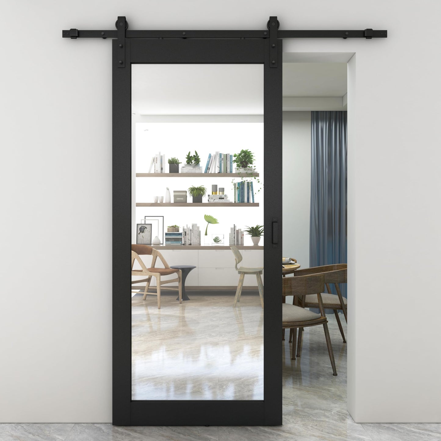 36 in. x 84 in. Mirrored Glass Black MDF Interior Sliding Barn Door with Hardware Kit and Door Handle
