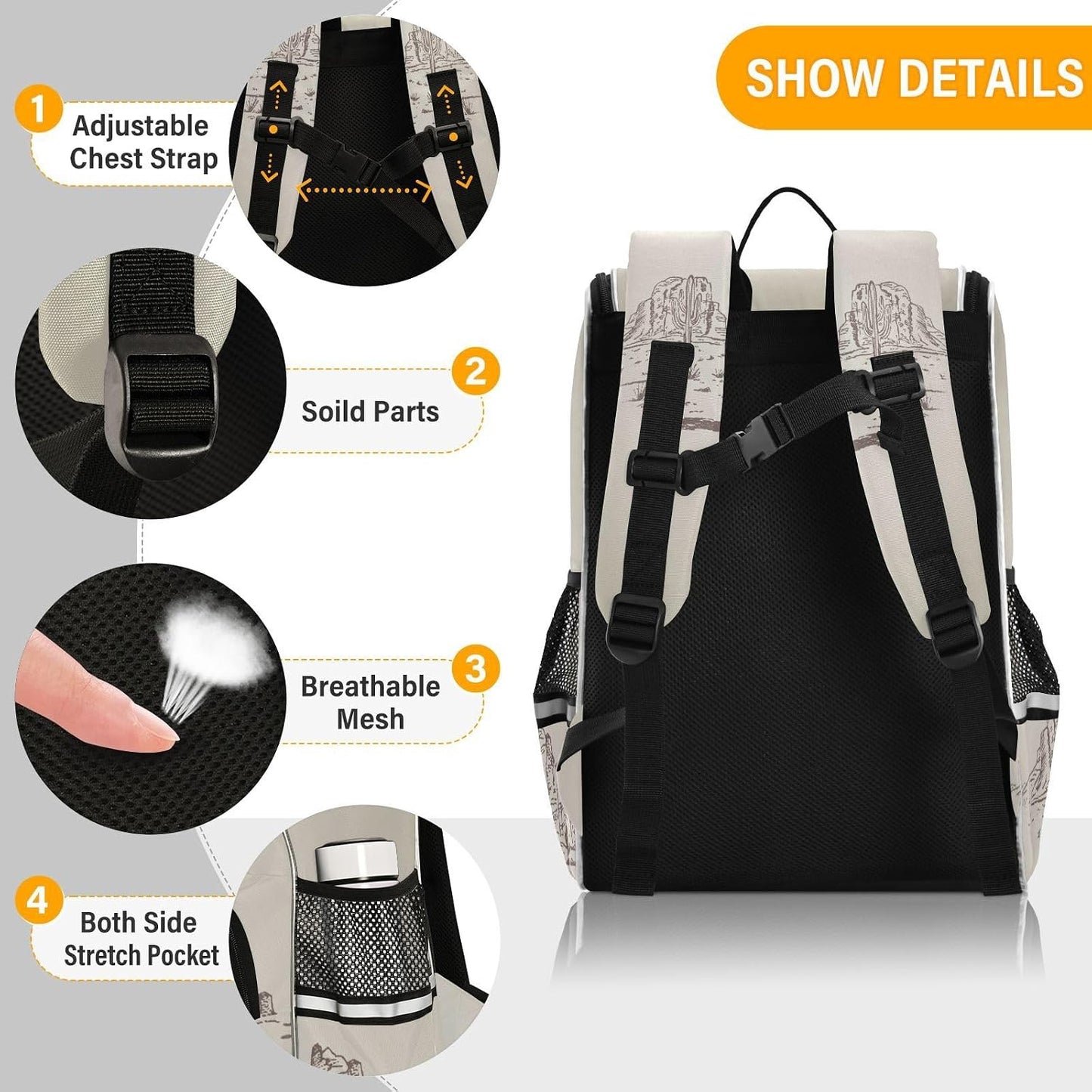 Backpack Western Desert Cowboy with Reflective Strip for Kids Boys Girls Elementary School Bag Removable Chest Strap