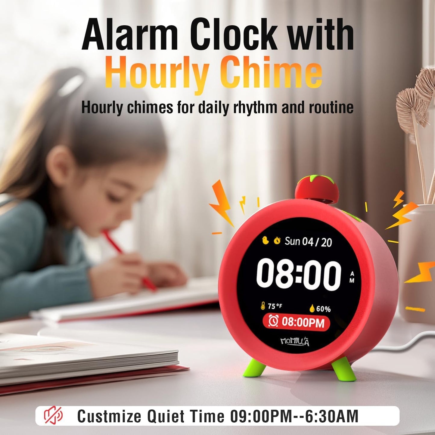 2.8" 4 MOMILLA Kids Alarm Clock for Bedrooms, Visual Timer with LCD Display Alarms, Digital Clock with White Noice