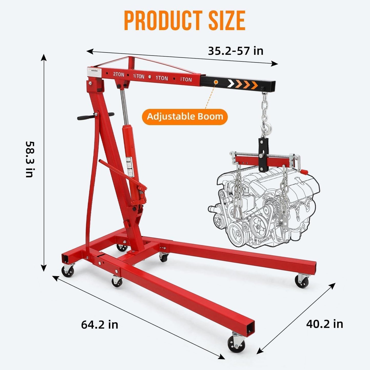 2-Ton Folding Hydraulic Engine Hoist - 4400 lb Heavy Duty Shop Crane with Adjustable Telescoping Boom, Load Leveler & 6 Swivel Caster Wheels, Red, for Garage and Automotive Use