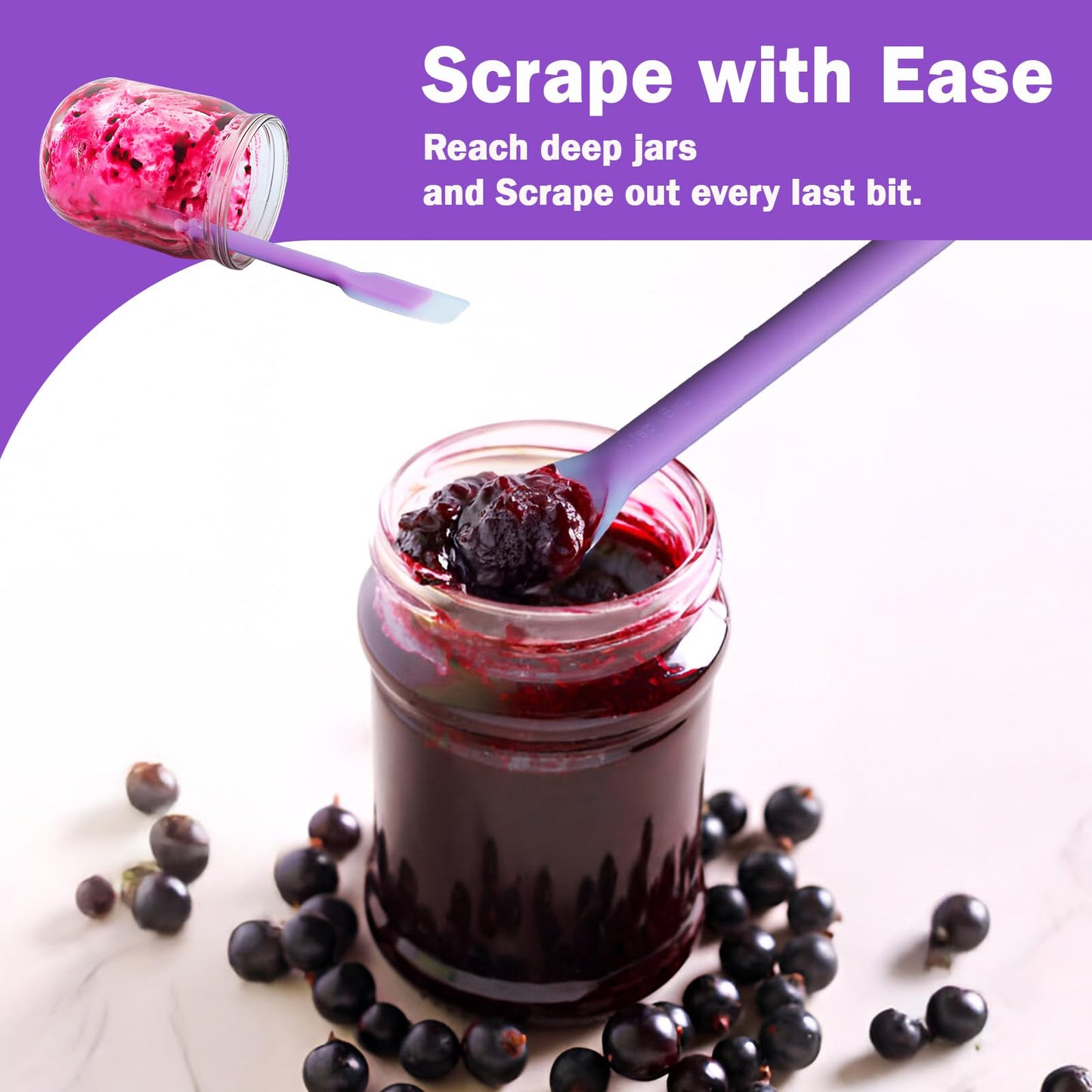 Silicone Dual-Ended Spatula Spoon Set of 3 – Long Handle Jar Scraper & Measuring Spoon with Scale (1 Tbsp, 1 Tsp, 1/2 Tsp) – for Jam, Baking, Cooking, Peanut Butter (purple)