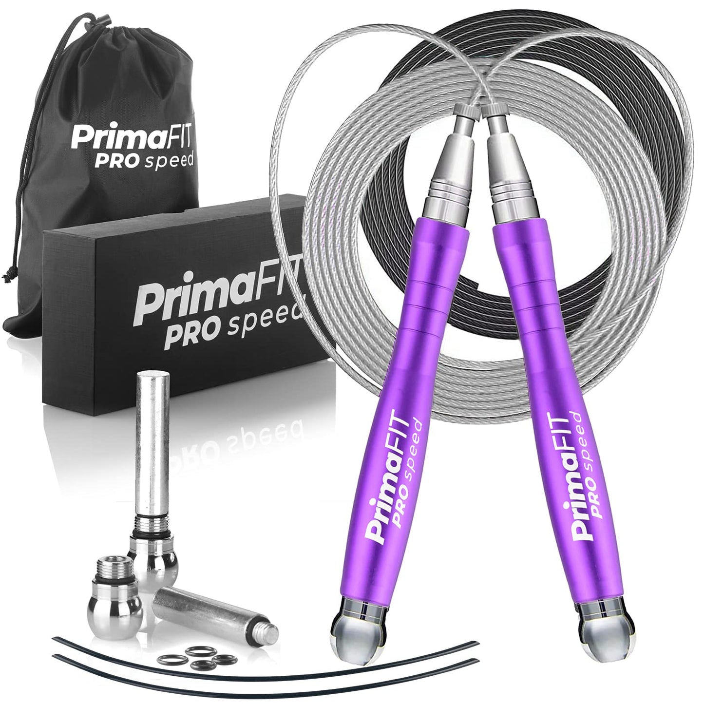 PrimaFIT Jump Rope Pro Speed Skipping Rope Adjustable Adult Jumping Rope Weighted Aluminium Handles for Double Dutch Boxing Workout Crossfit Exercise Fitness Spare Cable Weights Protectors Carry Bag
