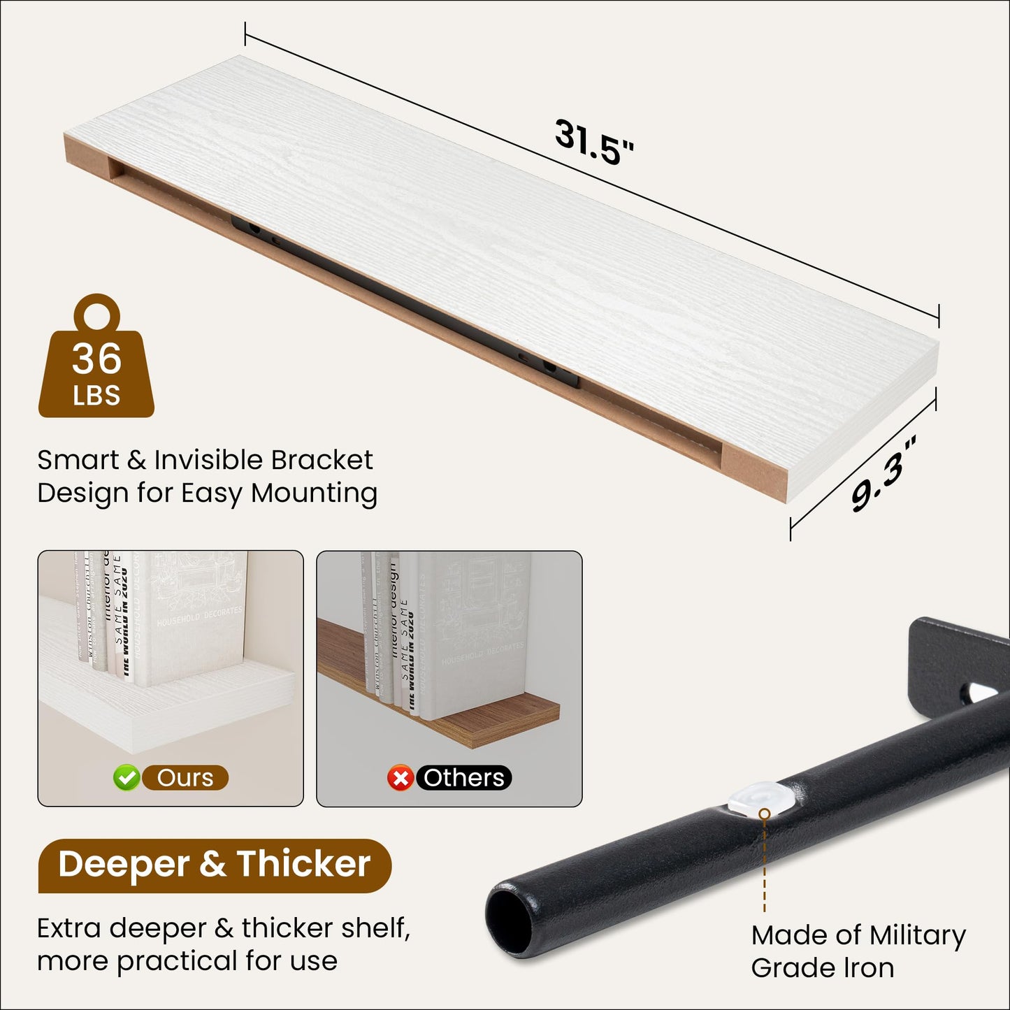 Fun Memories 9.3Inch Deep Floating Shelves for Wall, 32 Inch Rustic Wood Wall Mounted Shelves for Bathroom, Bedroom, Kitchen, Deep Floating Shelf for Storage & Home Decor (White, Set of 2)