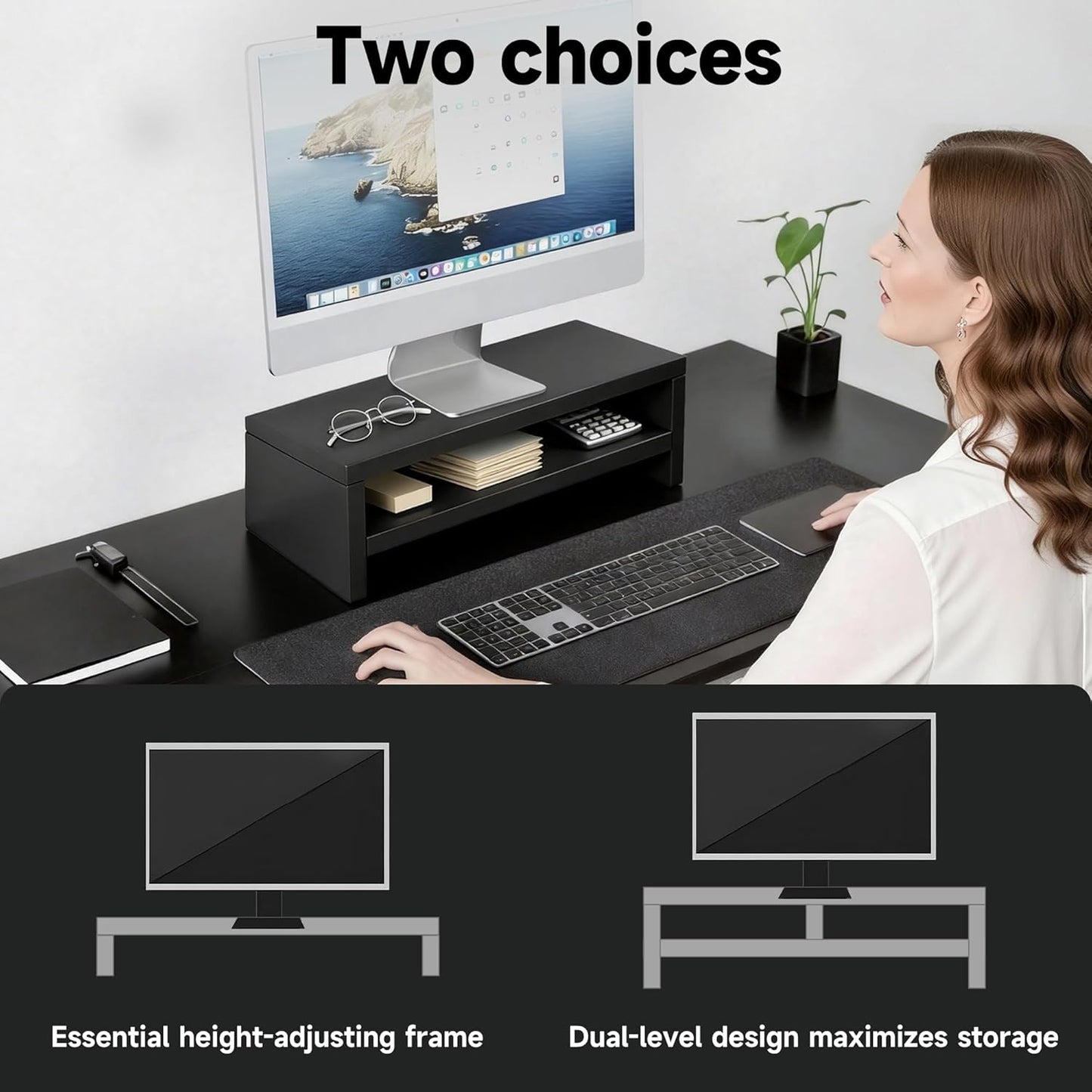 2-Tier 15.7 Inch Wooden Monitor Stand Riser, Desk Shelf with Storage Organizer, Ergonomic Computer Stand, Storage