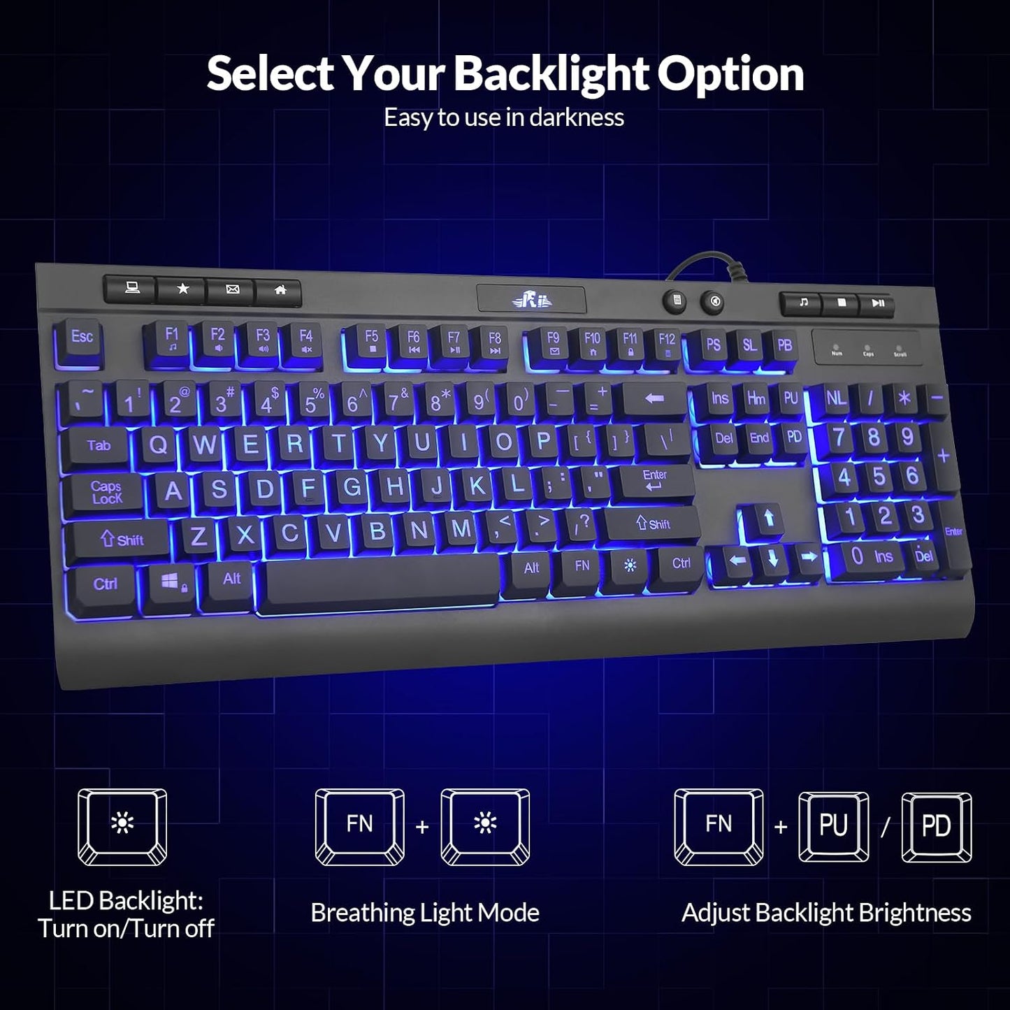 Rii RK900Pro Large Print Backlit Keyboard,Wired USB Full Size Computer Keyboard with Blue Backlight, Compatible