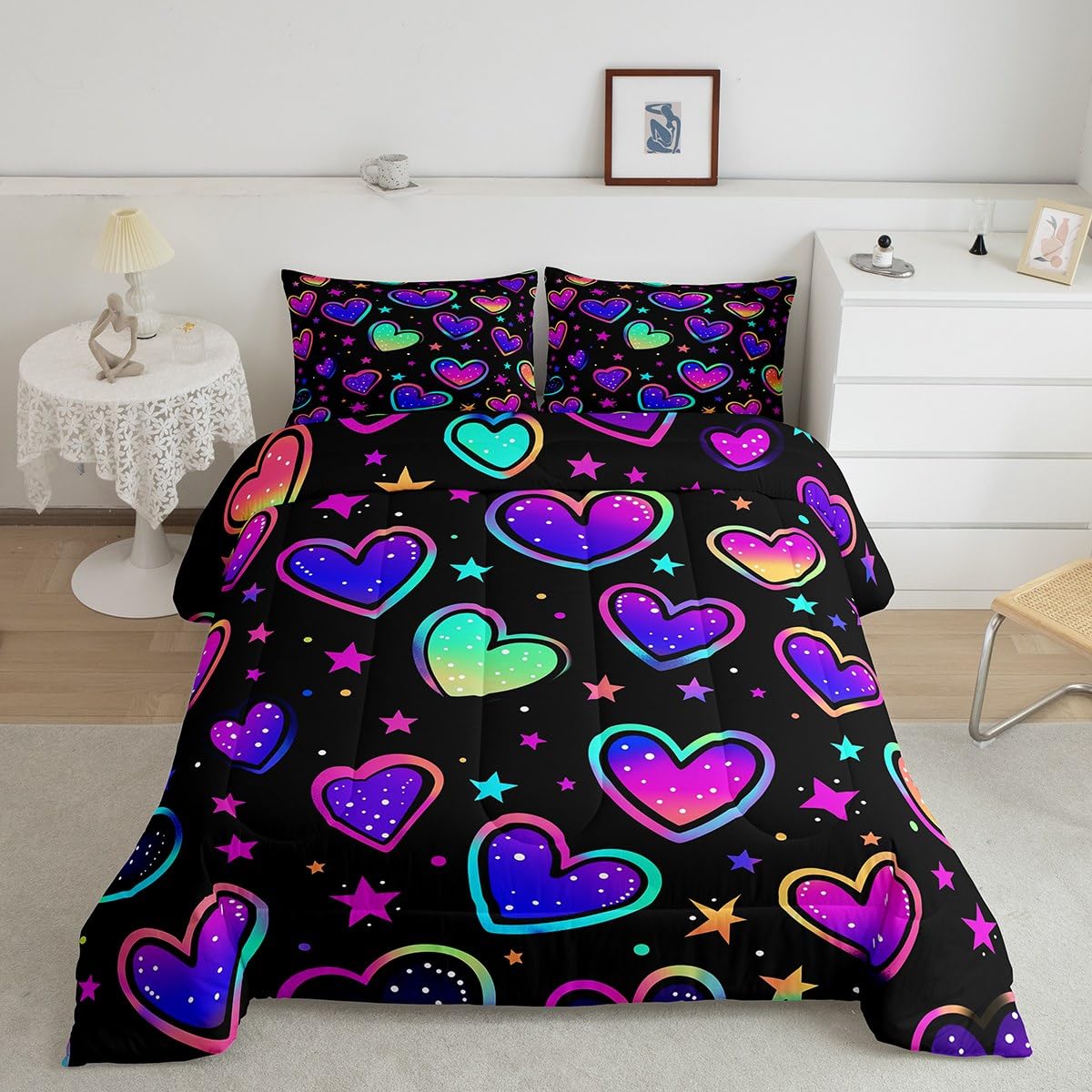 Erosebridal Neon Hearts Bedding Twin Rainbow Love Heart Comforter Set for Girls, Psychedelic Galaxy Duvet Insert Gradient Glowing Stars Down Comforter, Black Girly Bedding Comforter Sets Lightweight
