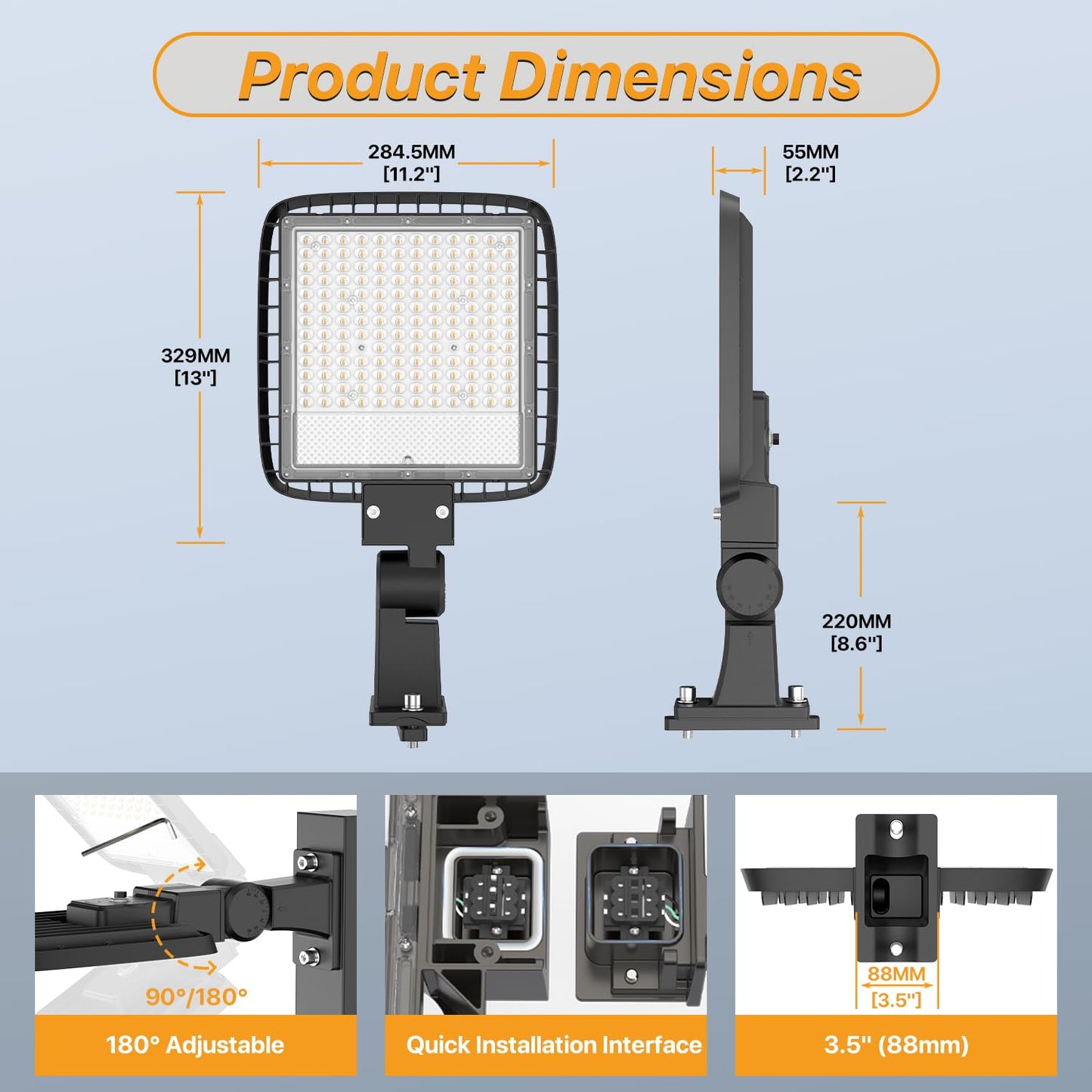 Demilare 200W LED Parking Lot Lights Outdoor Arm Mount with Dusk to Dawn Photocell 110V/120V Pole Flood Lights 5000K Outdoor Street Light IP65 Waterproof Commercial Area Lighting for Parking Lot 3Pack