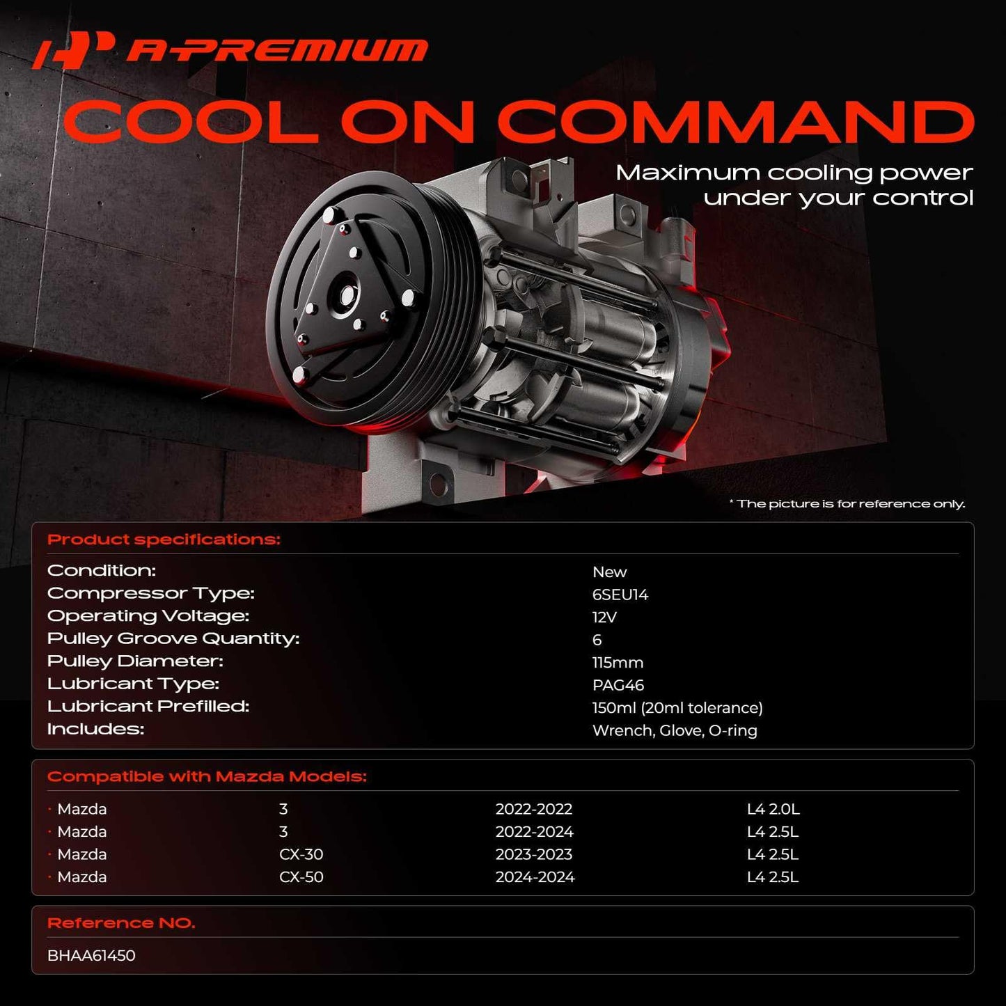 A-Premium Air Conditioner AC Compressor with Clutch Compatible with Mazda 3 2022-2024, CX-30 CX30 2023, CX-50 CX50 2024, 2.0L 2.5L