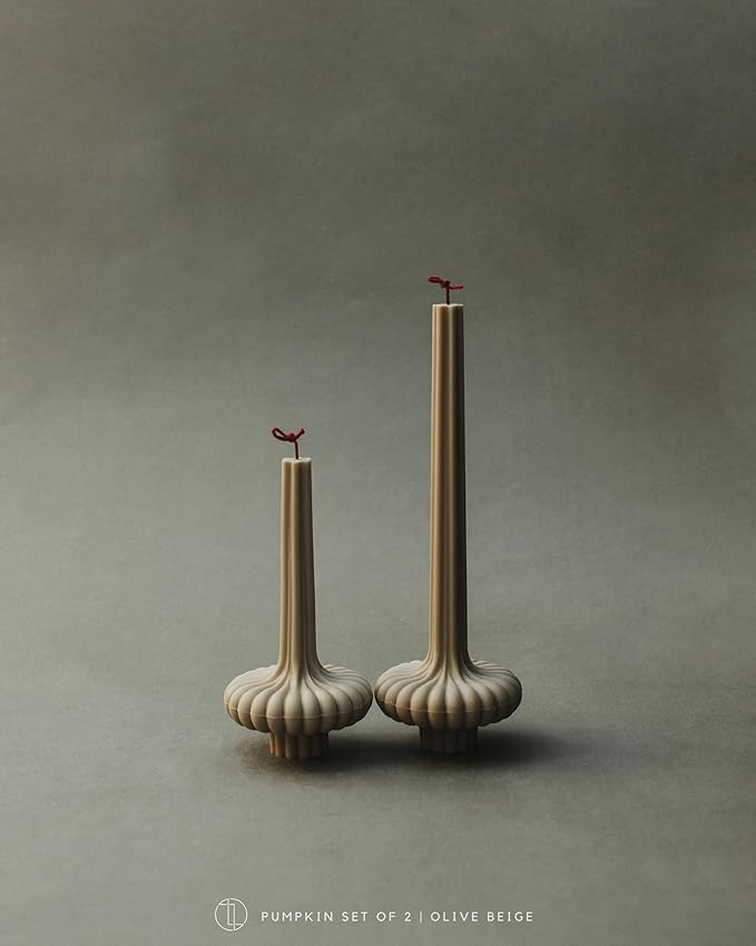 LAWA Set of 2 Pumpkin Base Candle - Beautiful Handmade Pillar Unscented Soy Wax Elegant Aesthetic Vase Candle Housewarming Gift Home Room Shelf Decor Idea Olive Beige