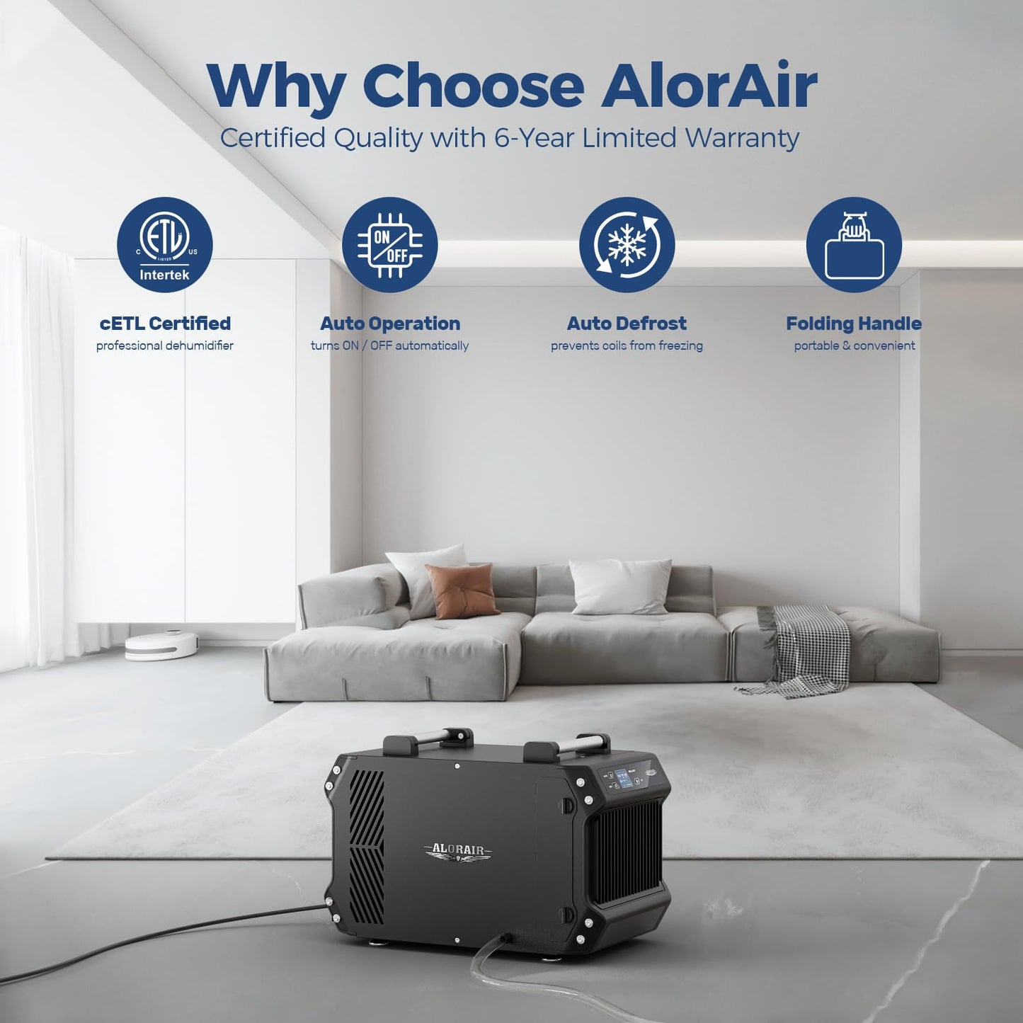 ALORAIR Galaxy 60 Crawl Space Dehumidifier 145 PPD, Commercial Basement Dehumidifier with Drain Hose, Auto Defrost, Compact Portable Dehumidifier for Crawlspaces and Basements, Up to 1,800 Sq. Ft.