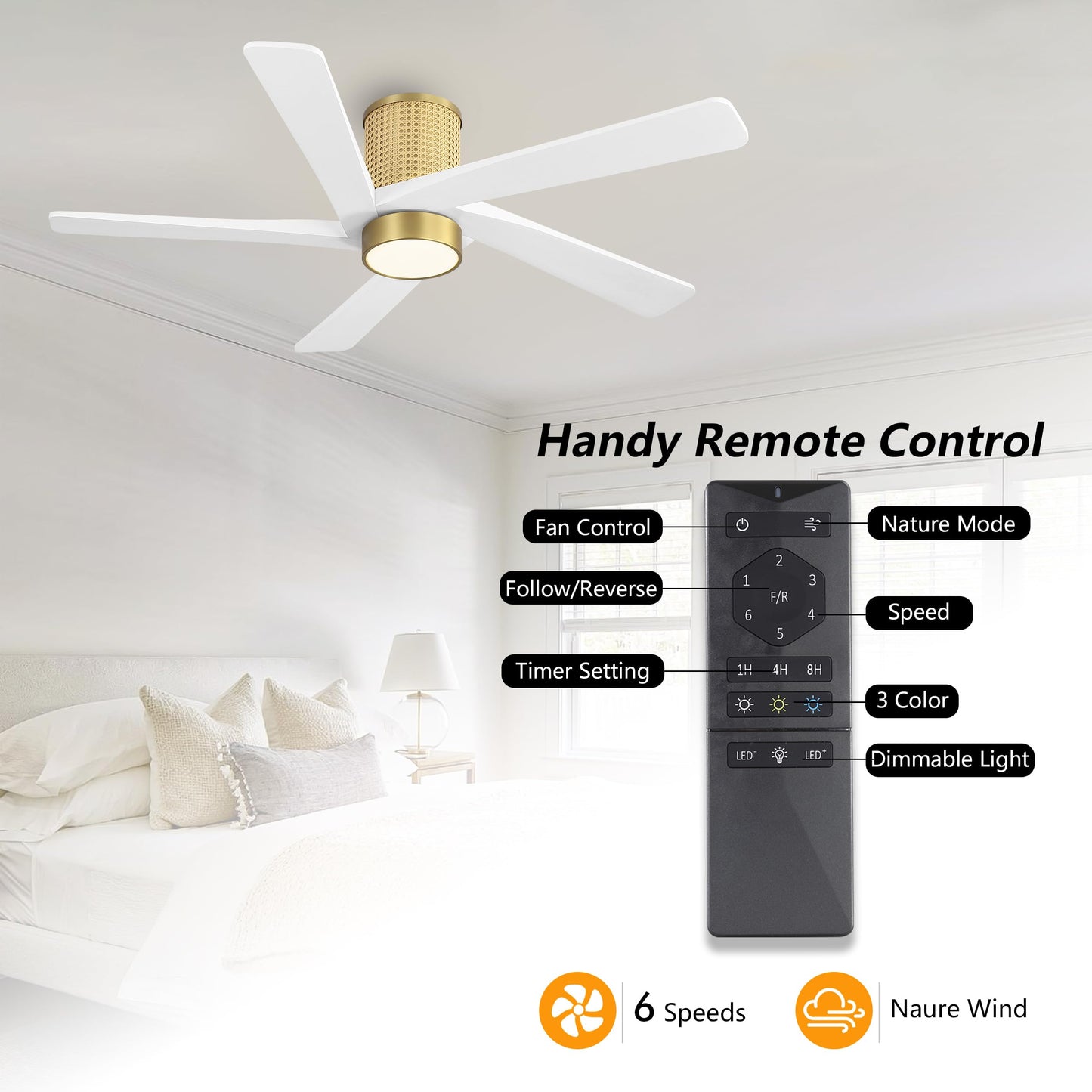 WINGBO 48 Inch Flush Mount Rattan Ceiling Fan, 3CCT Dimmable Light, 5 Carved Wood Blades, 6-Speed Reversible DC Motor, Modern Ceiling Fans for Indoor, Aged Brass Finish and White Blades