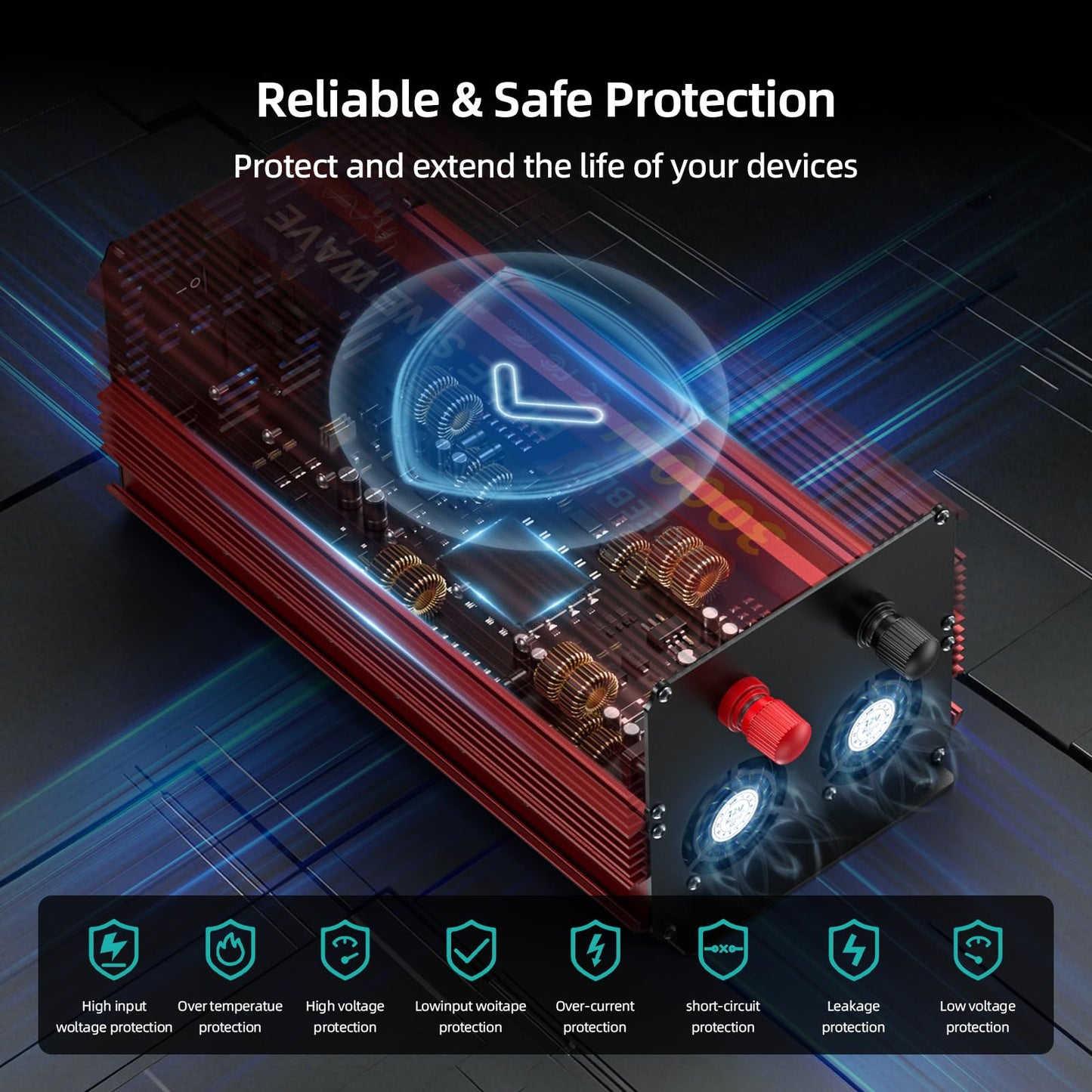 TAGEEBLU 3000W Pure Sine Wave Inverter - 6000W Surge Peak, 12V DC to 110V AC Heavy Duty Power Inverter for RV, Truck, Home, Solar, Off-Grid, Outdoor, Car Converter with 4 AC Outlets and LCD Display