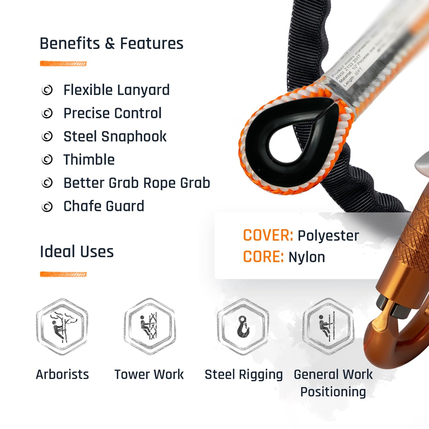 ProClimb Arborist Lanyard by Pelican Rope – 1/2 in x 12 ft Polyester, Steel Snap Hook, Adjustable, High Visibility, ANSI/OSHA Certified for Work Positioning, Made in The USA