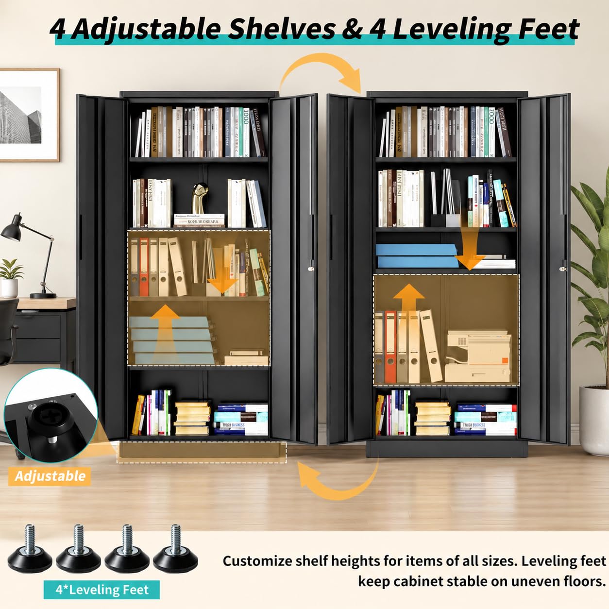 SAWJEC Metal Garage Storage Cabinet with Lock, 71" Tall Heavy Duty Cabinet for Garage Workshop Home Office, Steel Locking Storage with 4 Adjustable Shelves, Black, 15.7" D x 31.5" W x 70.9" H