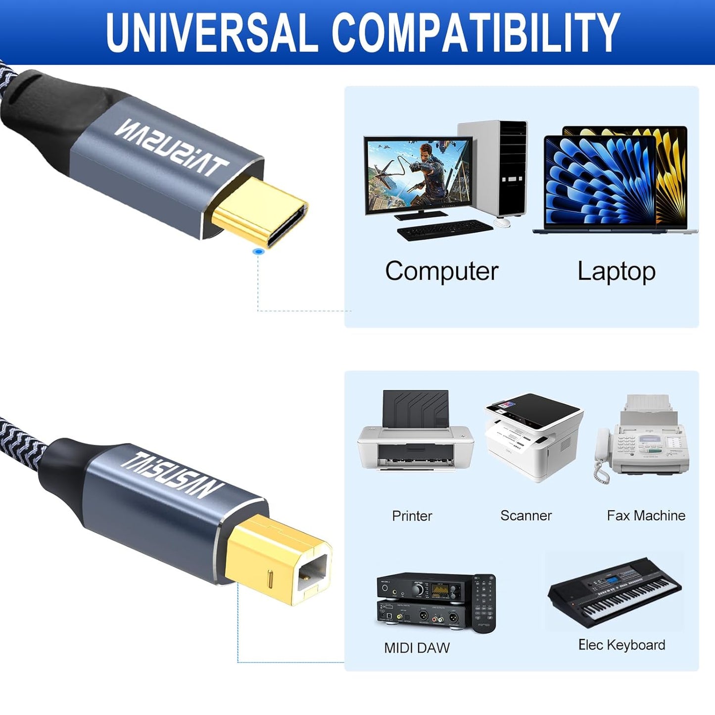 20ft, USB C Printer Cable Compatible With Keyboard, MacBook Pro/Air, Printers and Scanners - USB B to C MIDI Cable