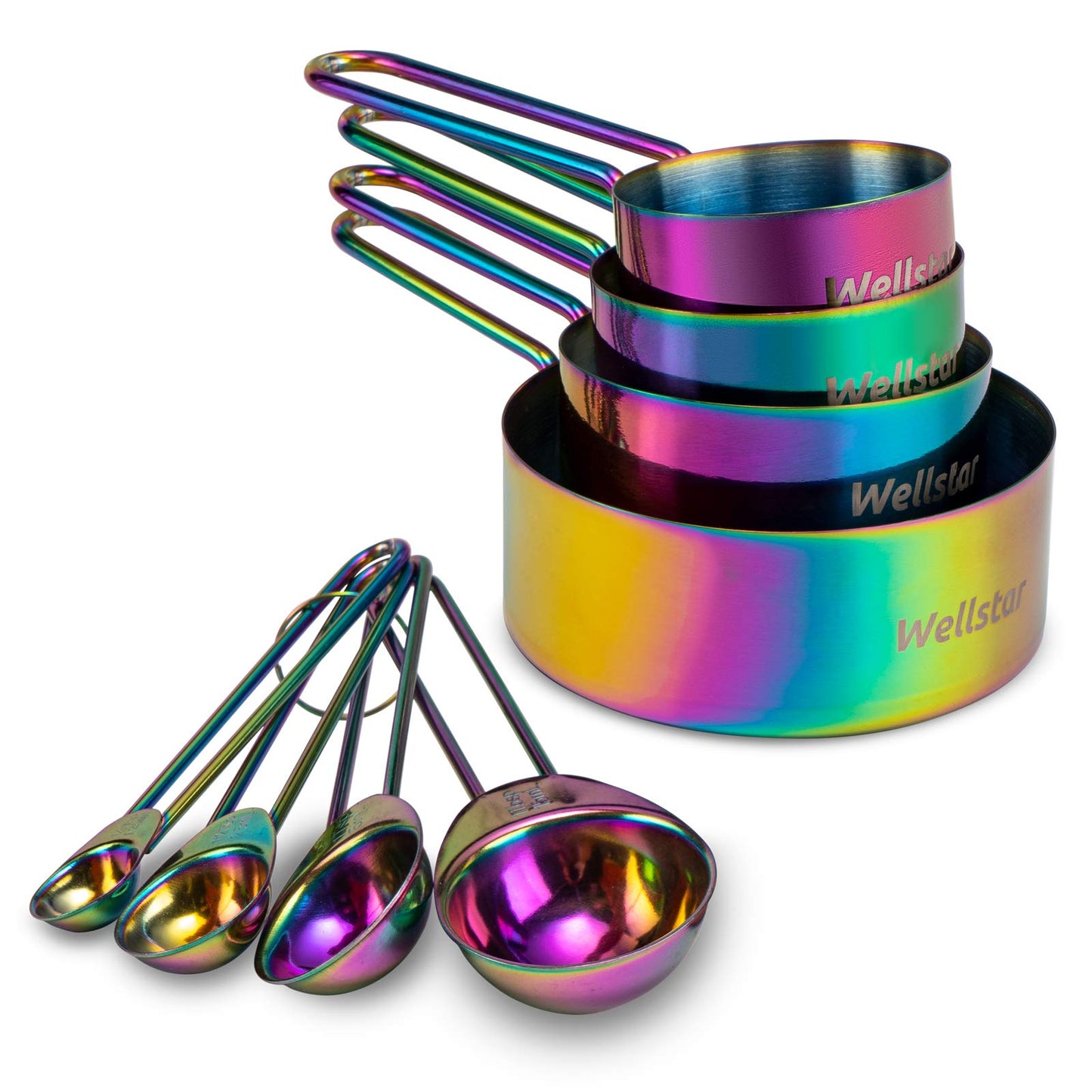 WELLSTAR Measuring Cups and Spoons Set of 8, Food Grade 18/8 Stainless Steel Measure set for Dry Liquid Measurement, Rainbow Titanium Coated Kitchen Gadgets for Cooking Baking, 4 Cup and 4 Spoon