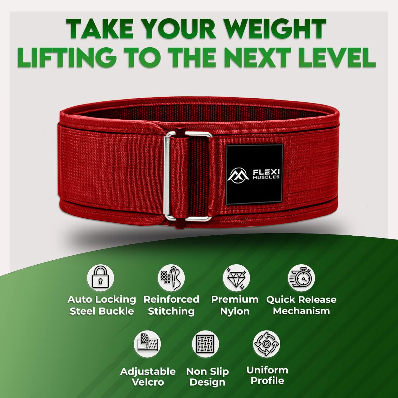 Flexi Muscles Quick Lock Weightlifting Belt - Adjustable Back Support with Metal Buckle - Ideal for Powerlifting, Cross Training, and Olympic Lifting - Durable Lifting Belt for Men & Women (Red, XL)