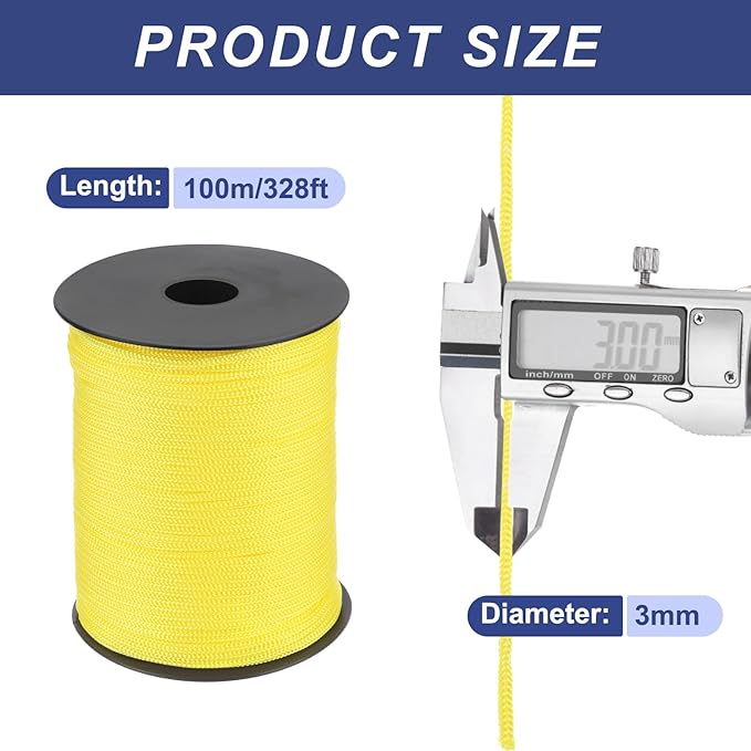 MECCANIXITY 1/8 Inch Polypropylene Rope Braided Ropes, 328ft Nylon Rope Hollow Utility Cord for Clothesline, Camping, Hiking, Outdoor, Yellow