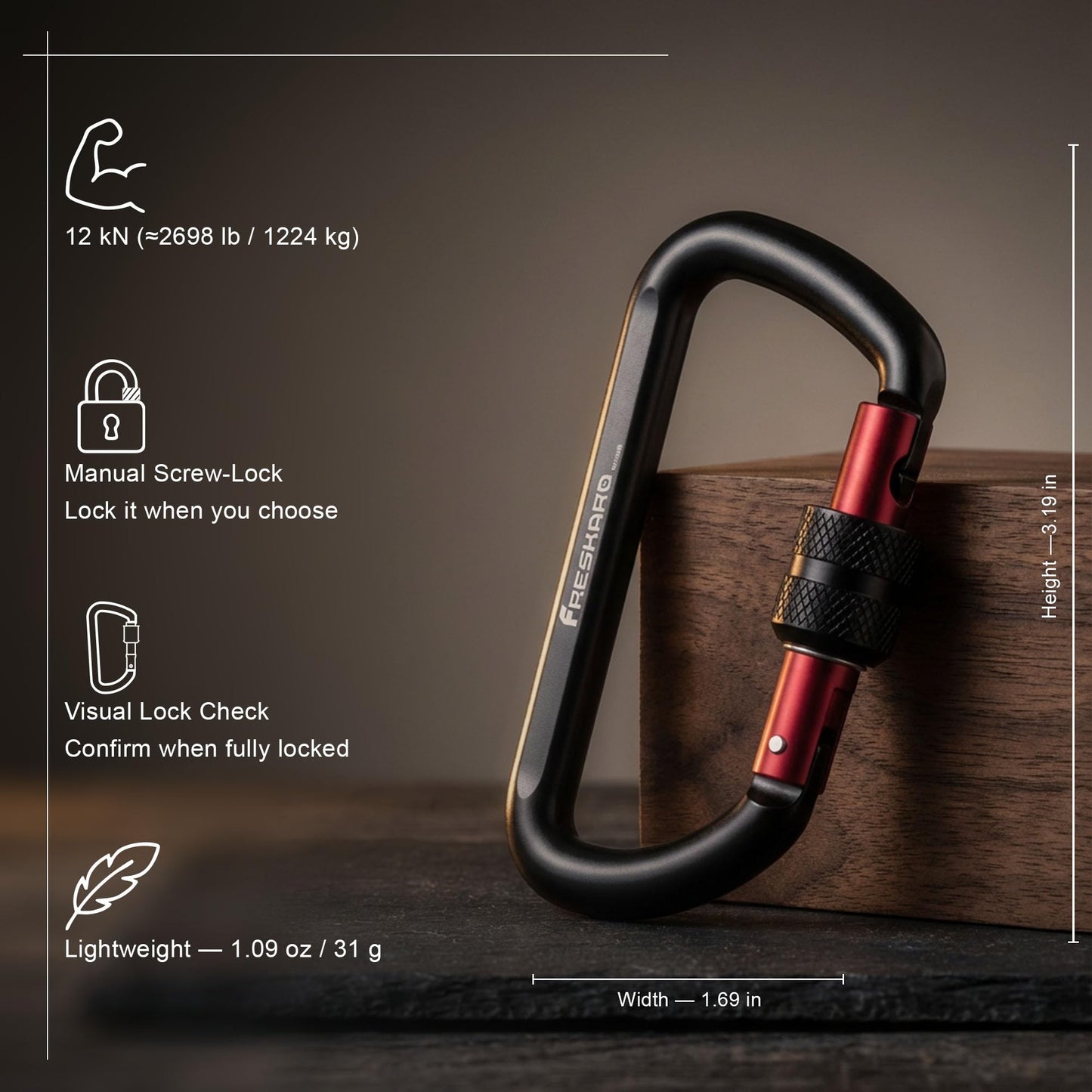 FresKaro Carabiner Clip, Locking and Small, Heavy Duty Carbineers, Key and Keychain Clips, Black Karabiner 3inch, Aluminum, D-Ring, for Belt, Hammock, Weight Bearing, Hiking, Dog Crate, 2Pack