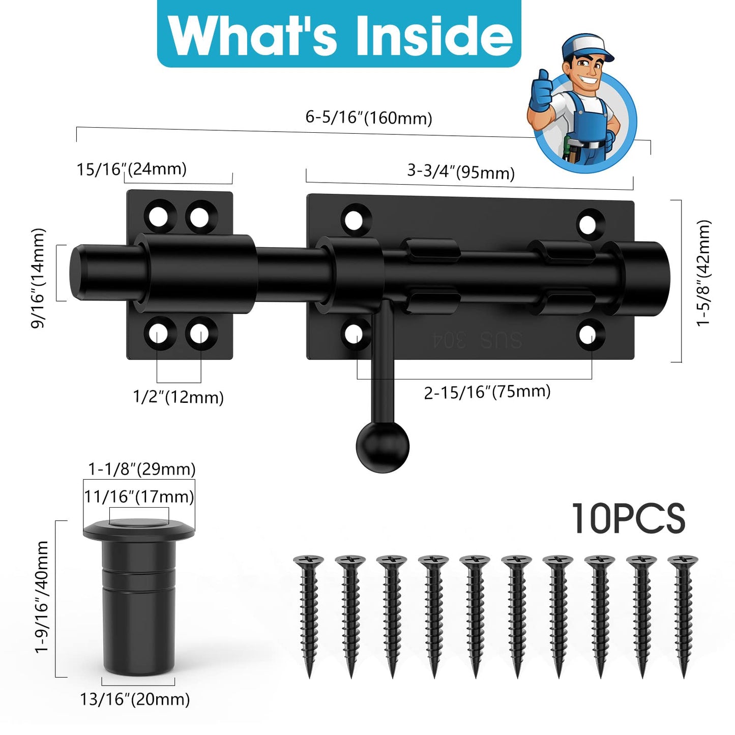 MeBantoo Slide Bolt Gate Latch Hardware, Barrel Bolt Latch, 6.3 Inch Heavy Duty Solid 304 Stainless Steel Black Finish Lock for Wooden Fence/Shed/Yard/Barn Door/Interior and Outdoor (Black)