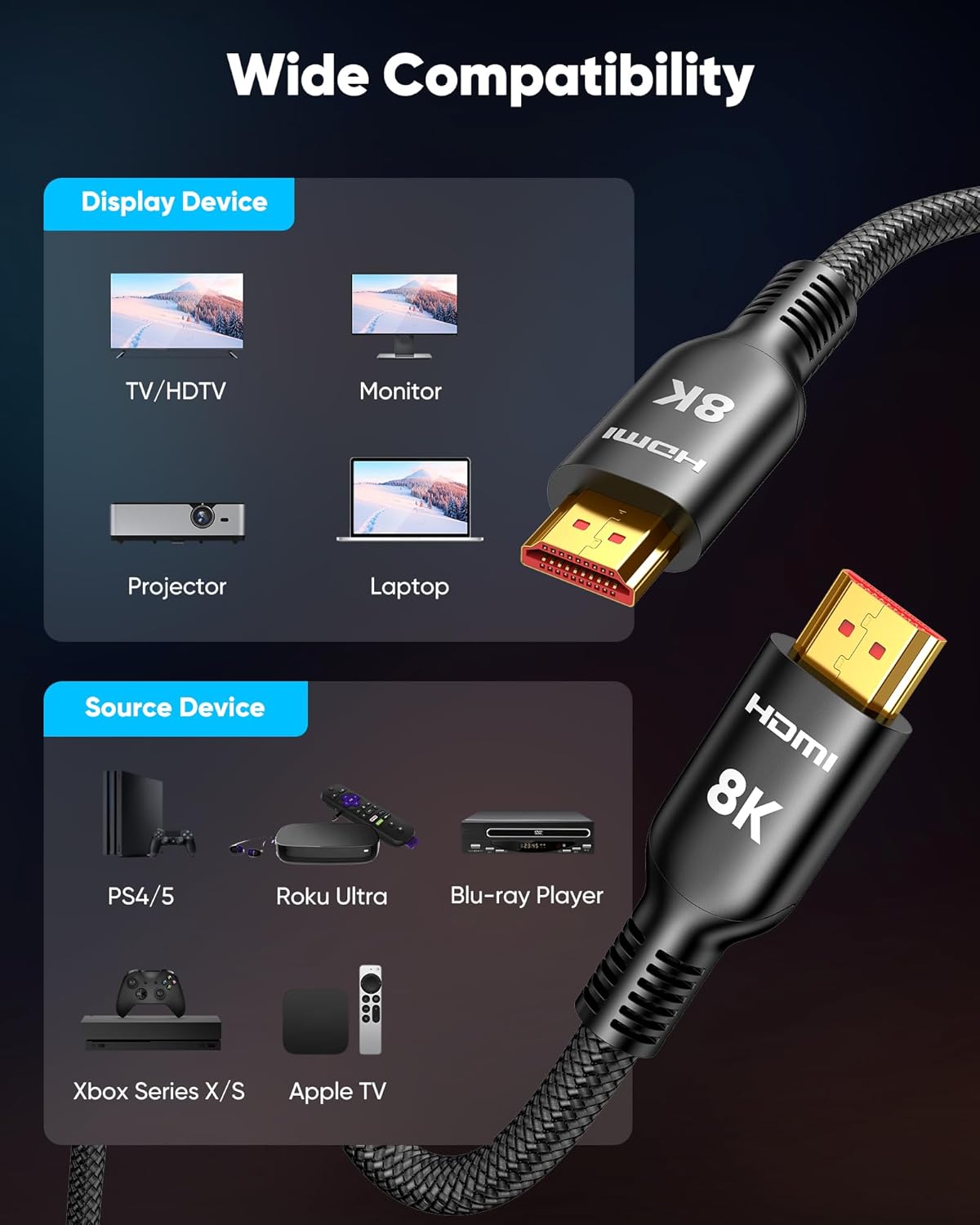 25FT, 8K 4K 2.1 Speed[48Gbps 8K@60Hz 4K@120Hz], 2.2&2.3, 10-Compatible Highwings Long HDMI Cable HDMI Cord Ultra High