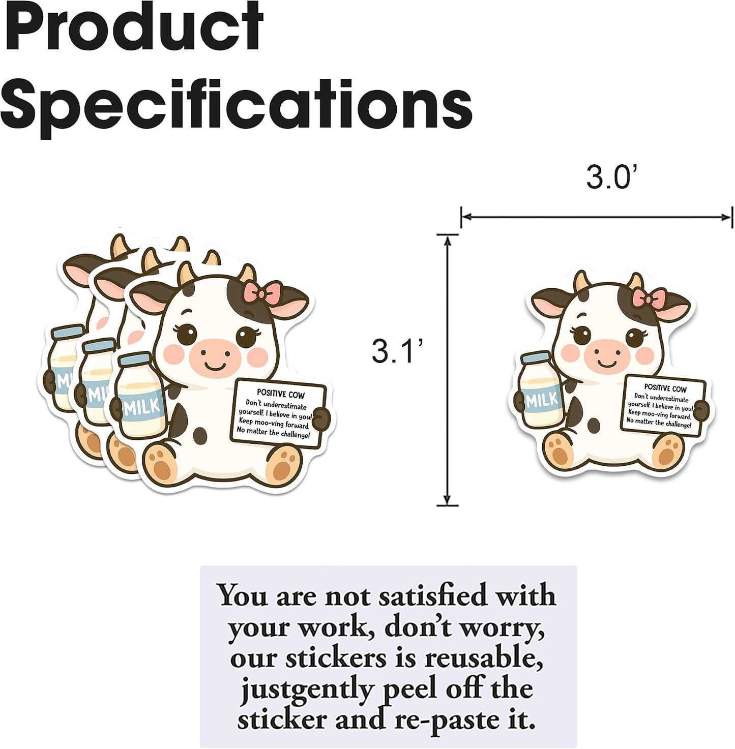 3Pcs Dairy Cow Sticker Decals Vinyl Waterproof - Journaling Self-Affirmation Positive Dairy Cow Sticker for Water
