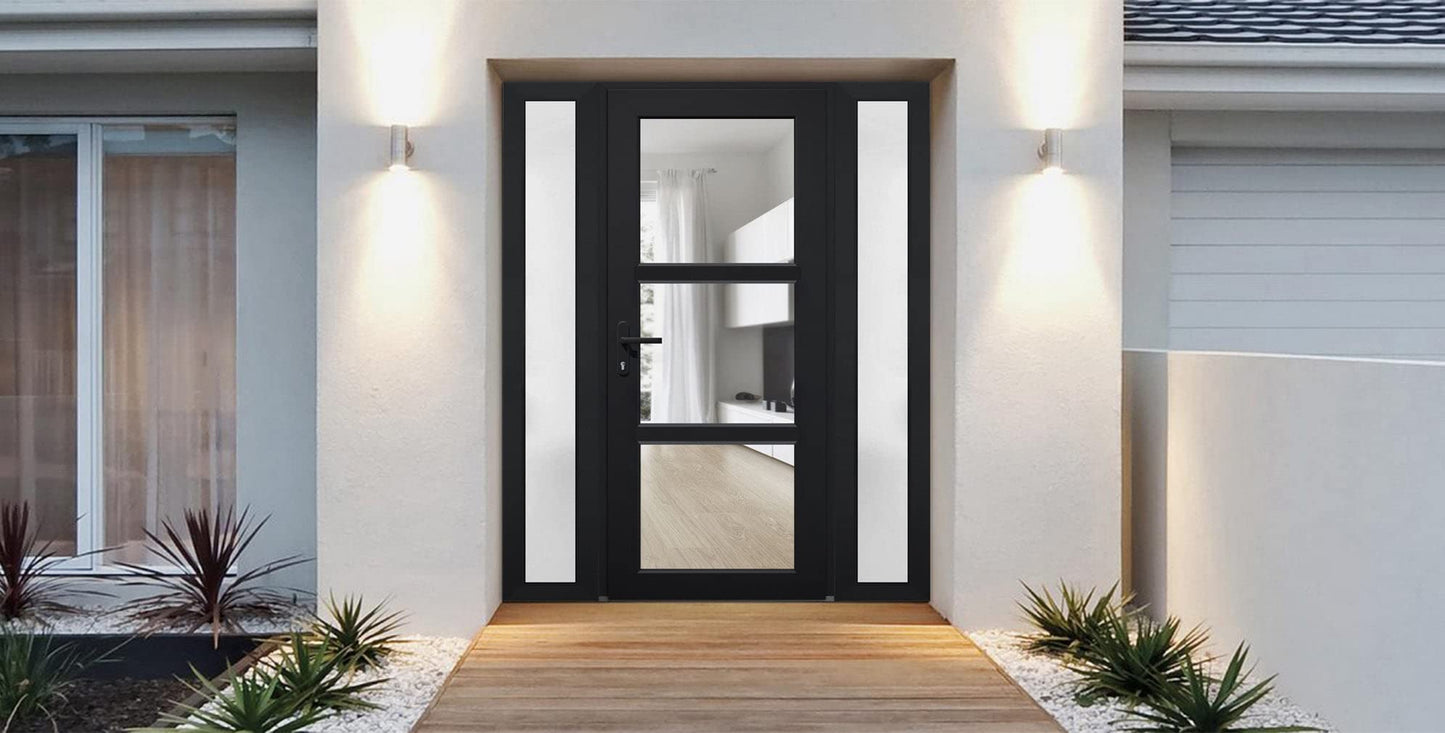 VDOMDOORS Front Exterior Prehung Fiberglass Door Clear Glass/Manux 8555 Matte Black Clear Glass / 2 Side Exterior Windows / W16+36+16 x H80-Right-hand Inswing