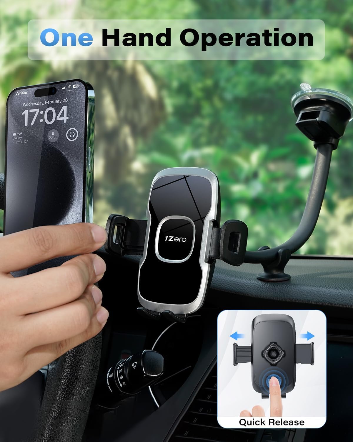 1Zero 14-Inch Solid Car Truck Phone Mount Holder with Gooseneck Long Arm, Windshield Window Mobile Holders