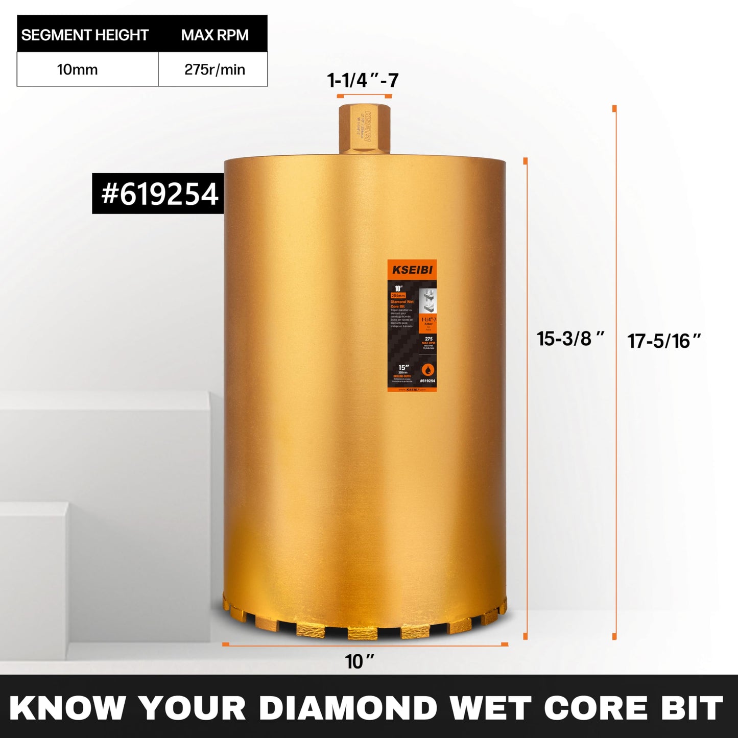 KSEIBI 619254 Wet Concrete Core Drill Bit, 10-Inch Diameter for Drilling Concrete, Marble, Granite, Brick, and Hard Masonry 16-Inch Drilling Depth, 1-1/4"-7 Arbor, 10mm Segment Height Diamond Hole Saw