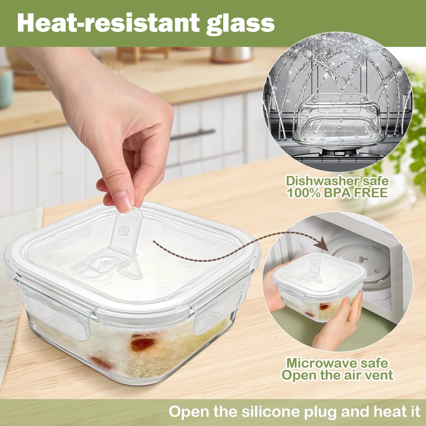 Susukkie Square Glass Containers with Lids 24oz - Borosilicate Glass Food Storage Set 3 Cup, Freezer Safe Meal Prep Containers, Sandwich Lunch Box, Yogurt Cereal Bowls with Vented Lids BPA Free 4 Pack