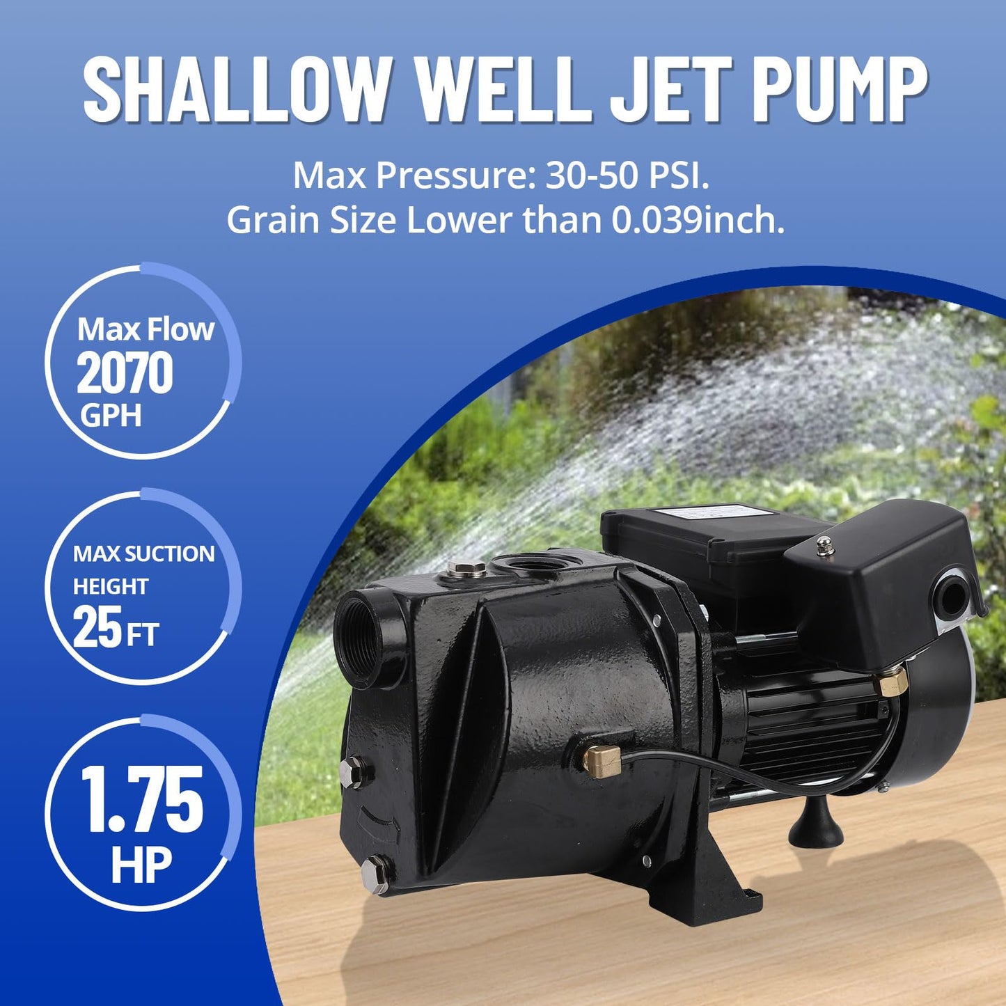 MilleLoom 1.75 Hp Shallow Well Jet Pump, 2070GPH Cast Iron Above Ground Booster Water Transfer Pump, Depth Up to 25 ft, 115V/230V Dual Voltage 60Hz