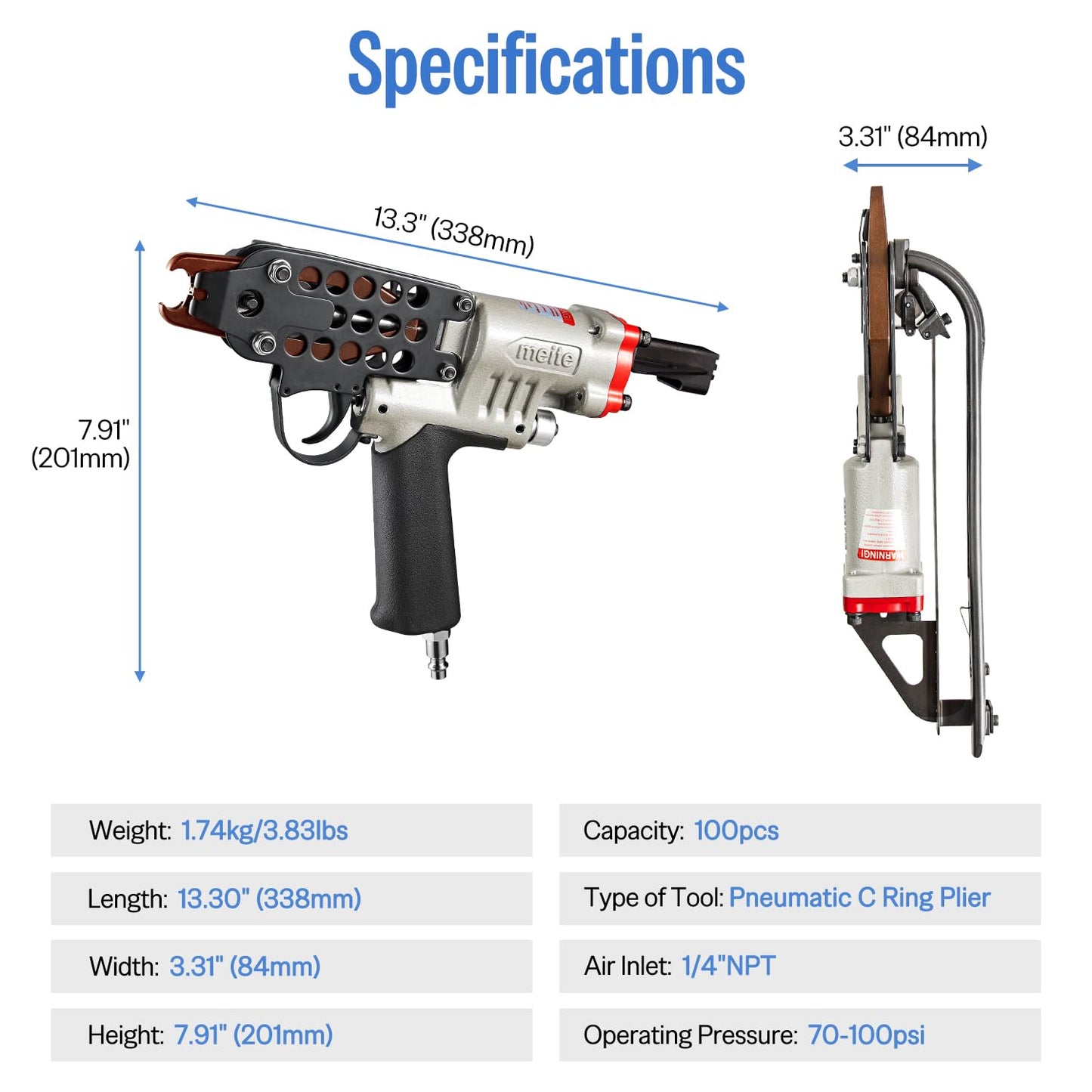 meite SC7C Pneumatic Hog Ring Gun, 15 Gauge 3/4" Crown Hog Ring Pliers, 5.5-6.0 mm Closure, Air C Ring Stapler for Mattress, Seat Assembly, Wire Cages, and Fencing