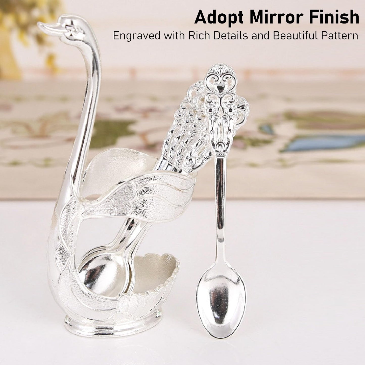6pcs Coffee Spoon Holder, Elegant Swan Shaped Alloy Mirror Polish Spoon Rest for Tea Dessert Sugar, Silver Demitasse Spoons Included