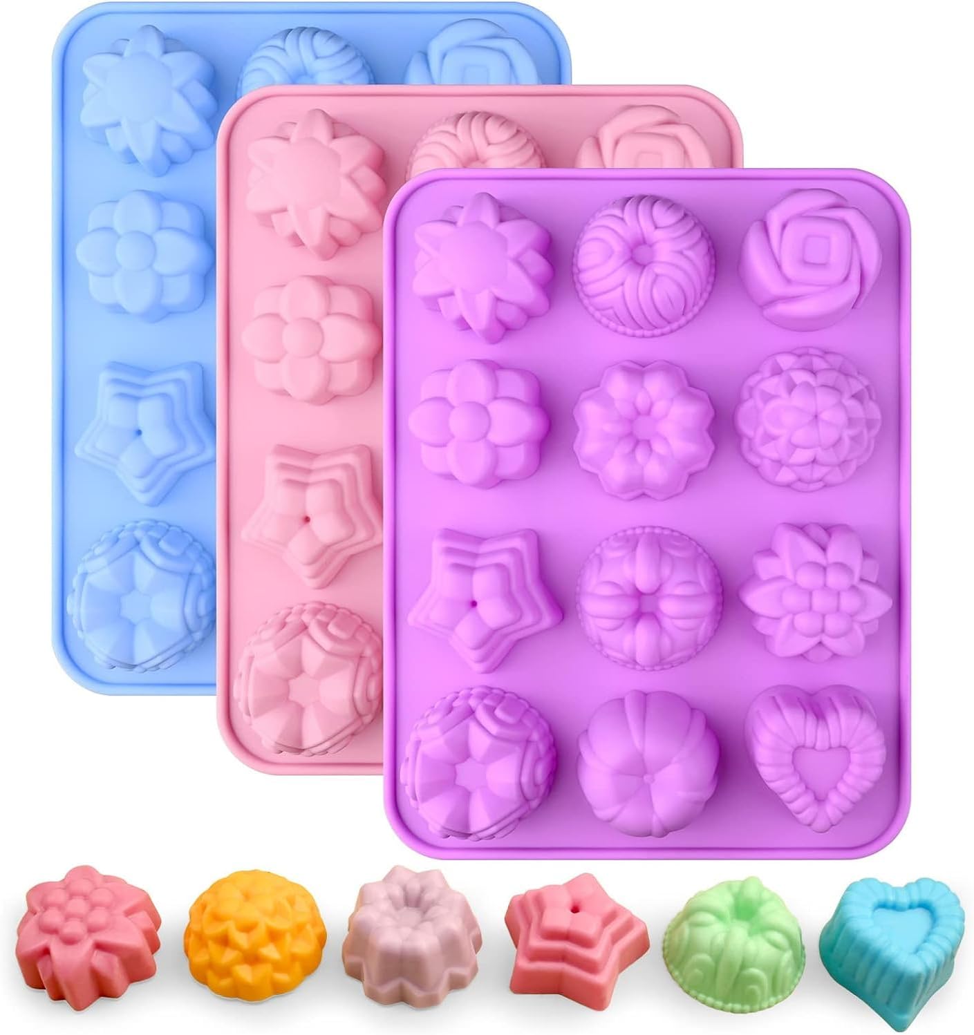 Sakolla Silicone Flower Molds - 12 Cavity Set for Chocolate, Cupcakes, Candy & More | Pink, Purple, Blue