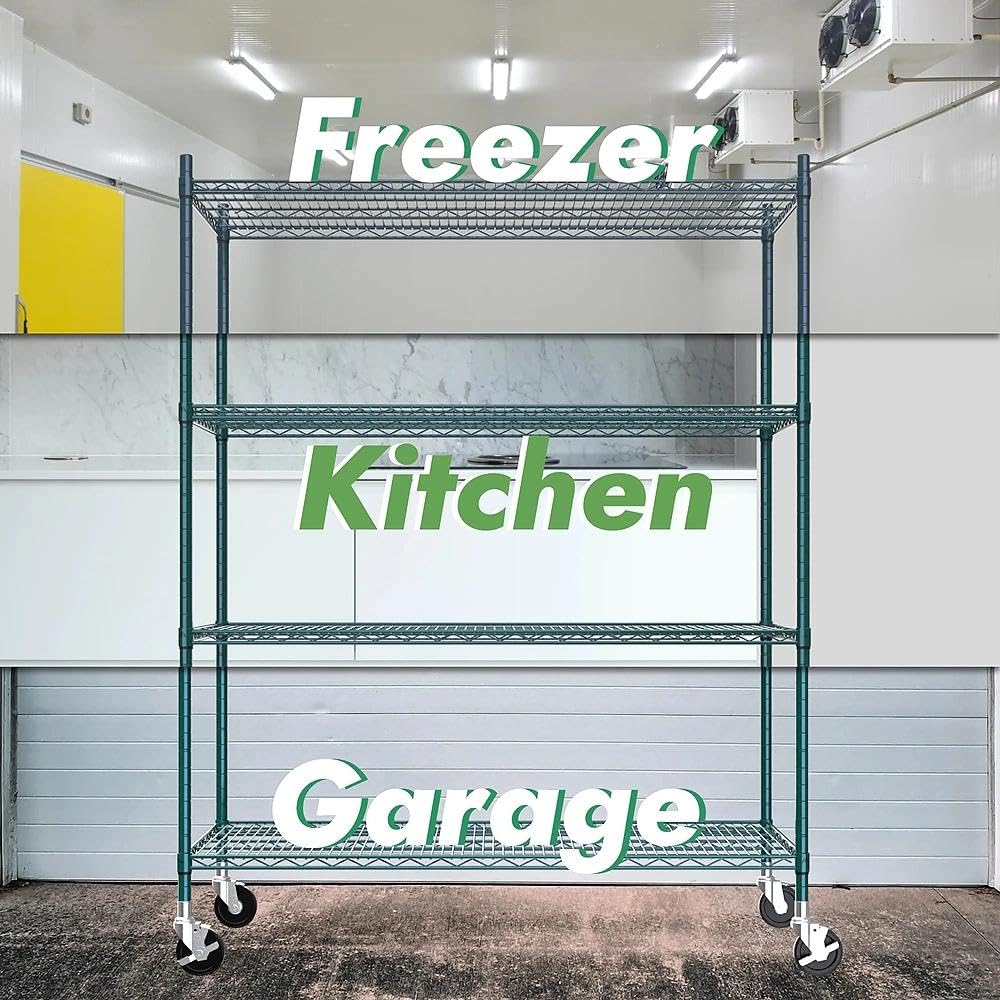 APLSS NSF 4-Tier Green-Epoxy Storage Shelves, 18"x60"x63", Moist&Dry Environments, Commercial Heavy Duty Steel Wire Shelving Unit with Wheels, Walk-in Cooler&Freezer Dishroom Kitchen