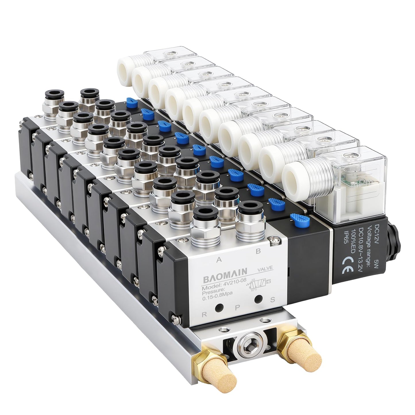 Baomain 10 Station Solenoid Valve Manifold, 12V DC 5 Way 2 Position Pneumatic Air Valve, Ten Solenoid, 1/4" PT Port, Includes Manifold Base & Mufflers, 4V210-08