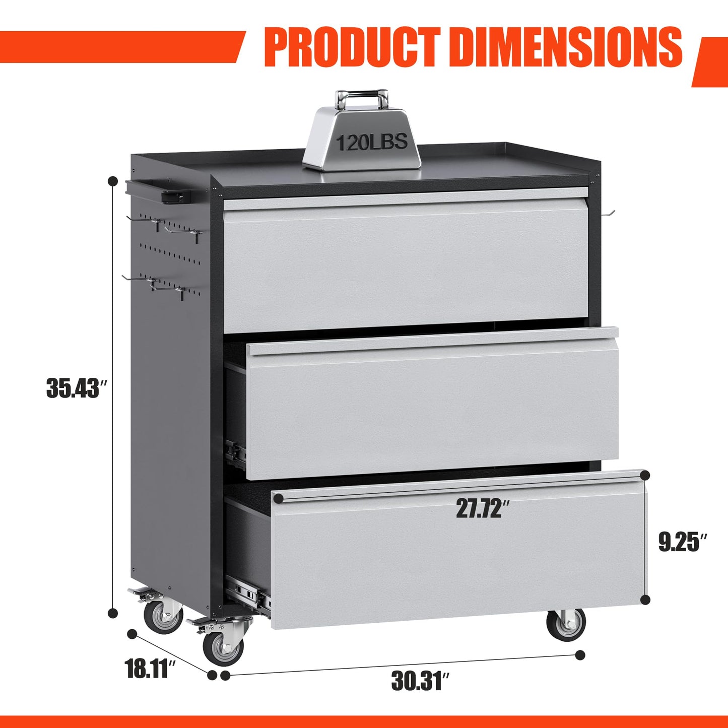 Aobabo Metal Garage Storage Cabinet with Wheels, 3-Drawer Rolling Tool Chest with Lockable Casters and Pegboards for Workshop Office, 35.43" H x 30.31" W x 18.11" D, Assembly Required, Black/Gray