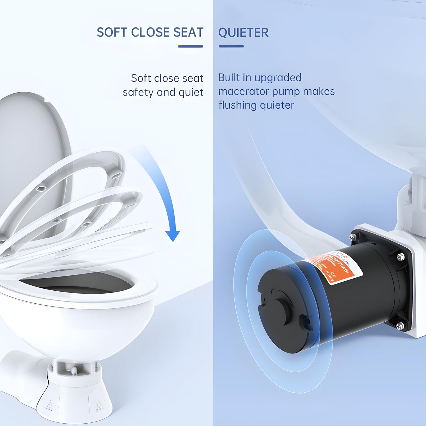 SEAFLO Quiet Flush Electric Marine Toilet - Fresh Water Rinse, 12V, Solenoid Valve, Ceramic Bowl, Soft Close Seat, Macerator Pump, 3-Way Switch Panel, Boat Yacht Toilet, 4-Year Warranty