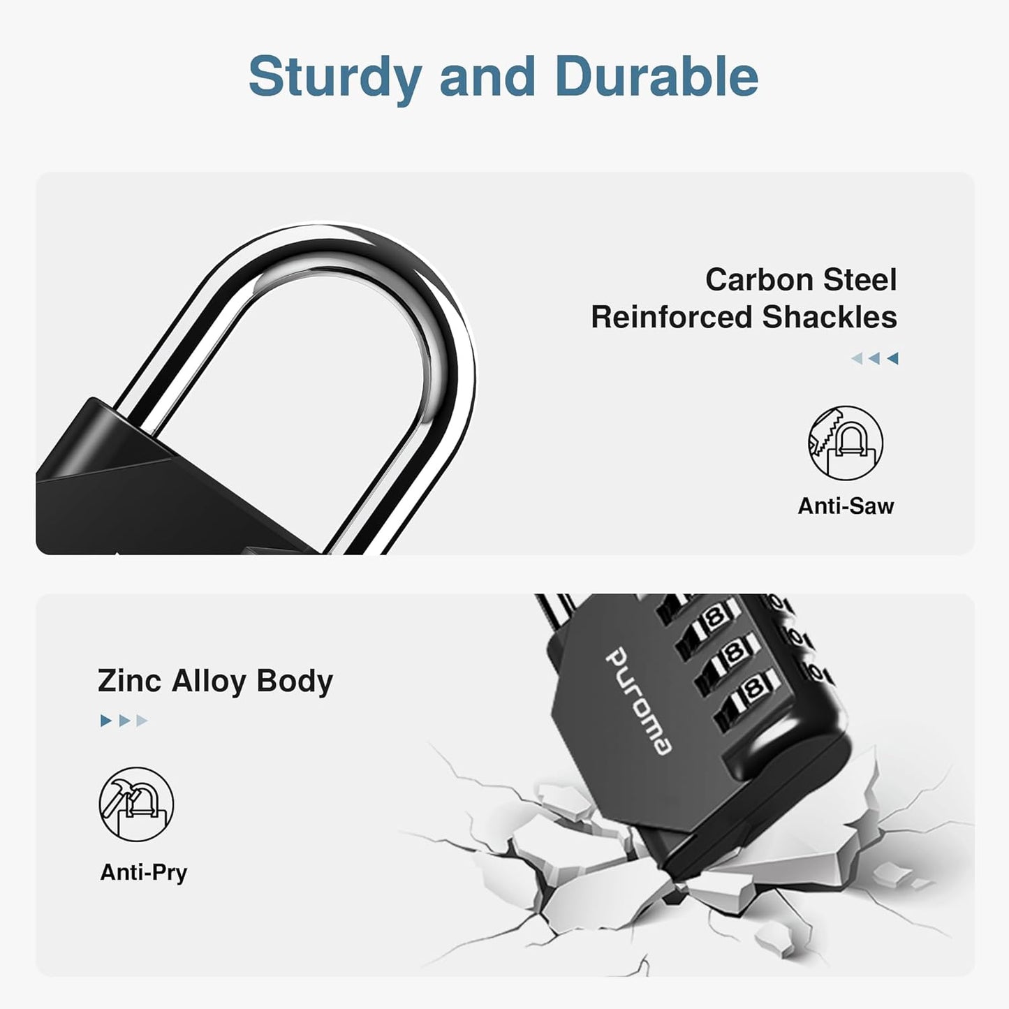 Puroma 4-Digit Waterproof Combination Lock - 2 Pack for School, Gym, Outdoor Use | Black
