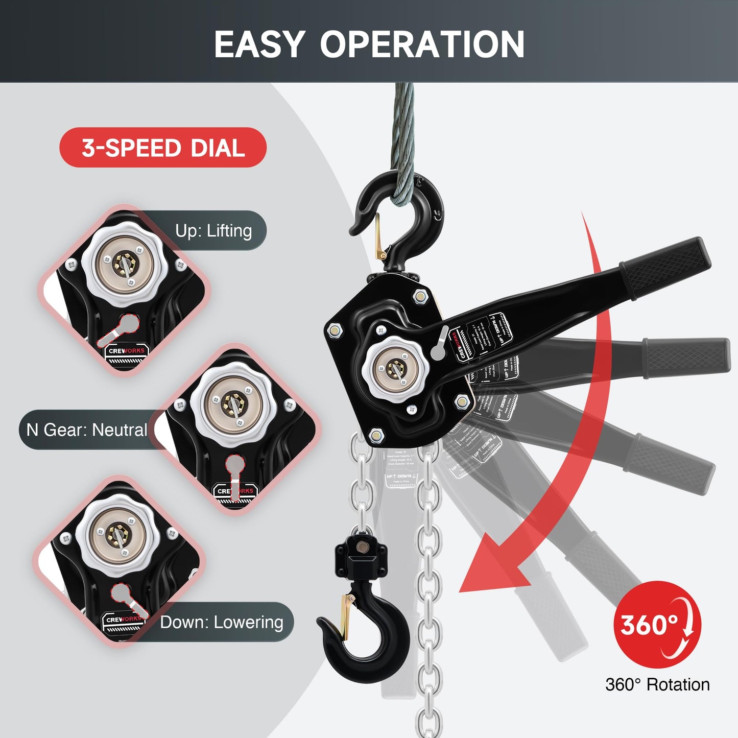 CREWORKS Lever Chain Hoist, 3 Ton 6600 lb Capacity 10 ft Manual Chain Hoist with G80 Galvanized Chain & Swivel Hooks, Heavy Duty Manual Lever Hoist for Construction Warehouse Automotive Factory