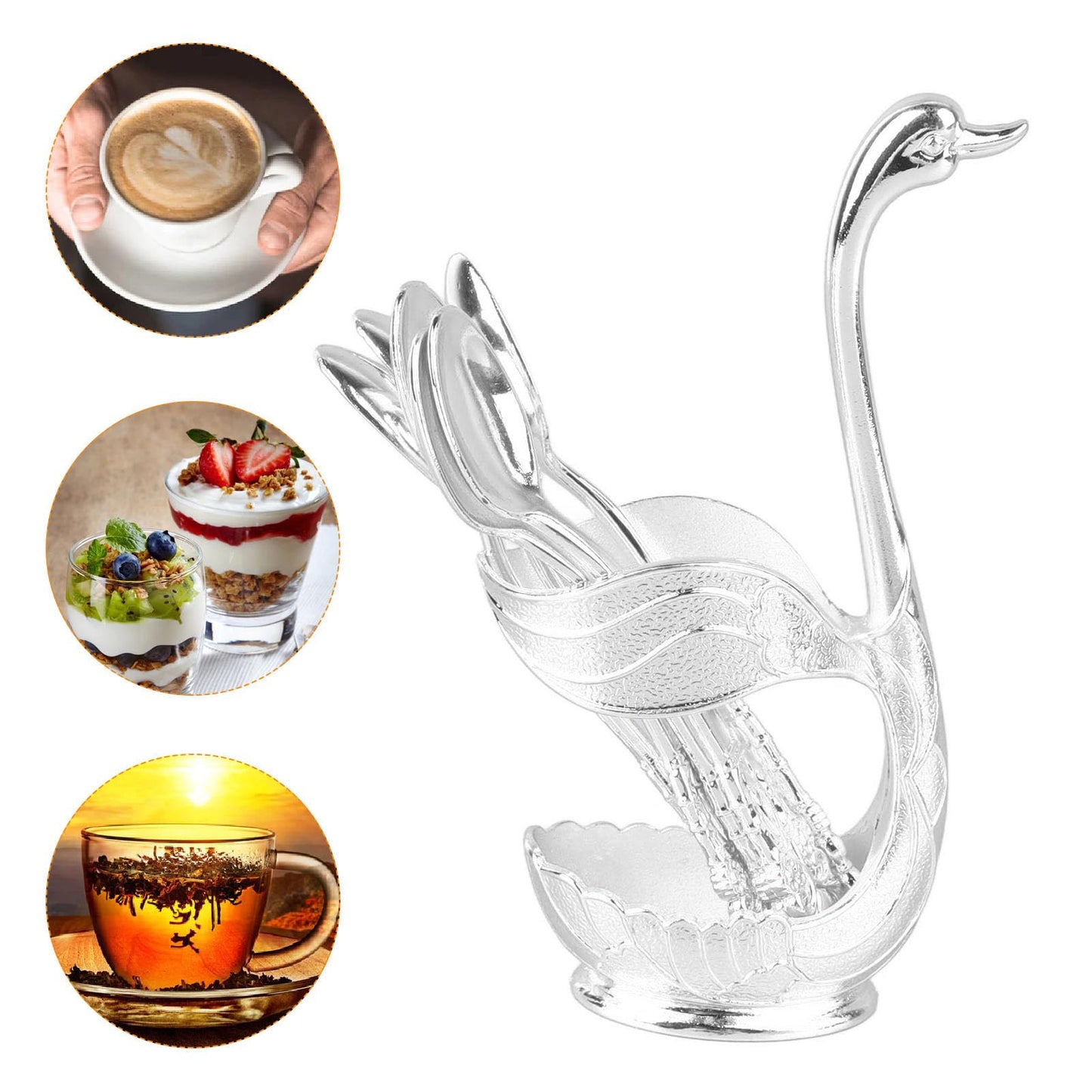 6pcs Coffee Spoon Holder, Elegant Swan Shaped Alloy Mirror Polish Spoon Rest for Tea Dessert Sugar, Silver Demitasse Spoons Included