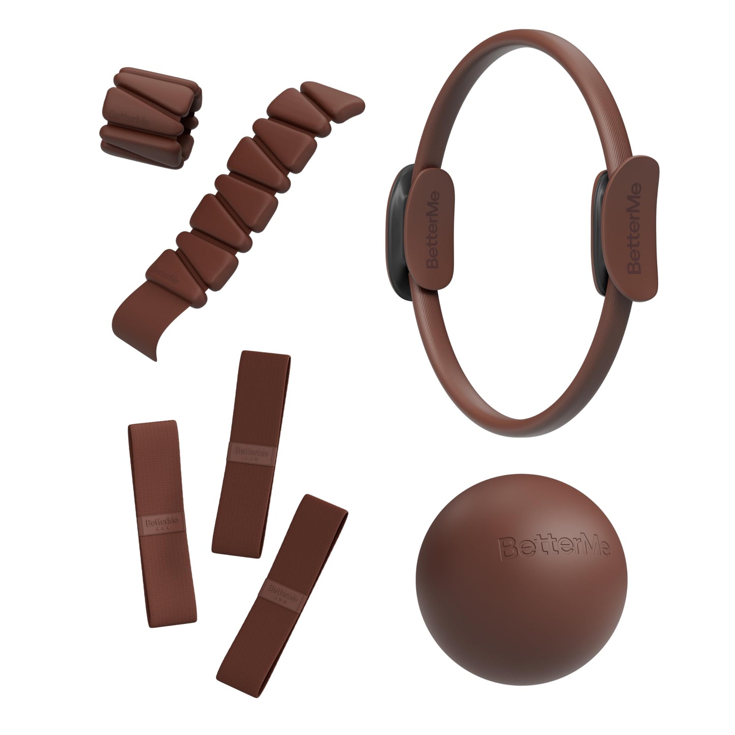 BetterMe Bubble Butt Kit – Pilates Ring, Weight Bands, Soft Ball & Loop Bands – Glute Training Pilates Kit for Women – Home Workout Pilates Equipment Set (Chocolate Brown)
