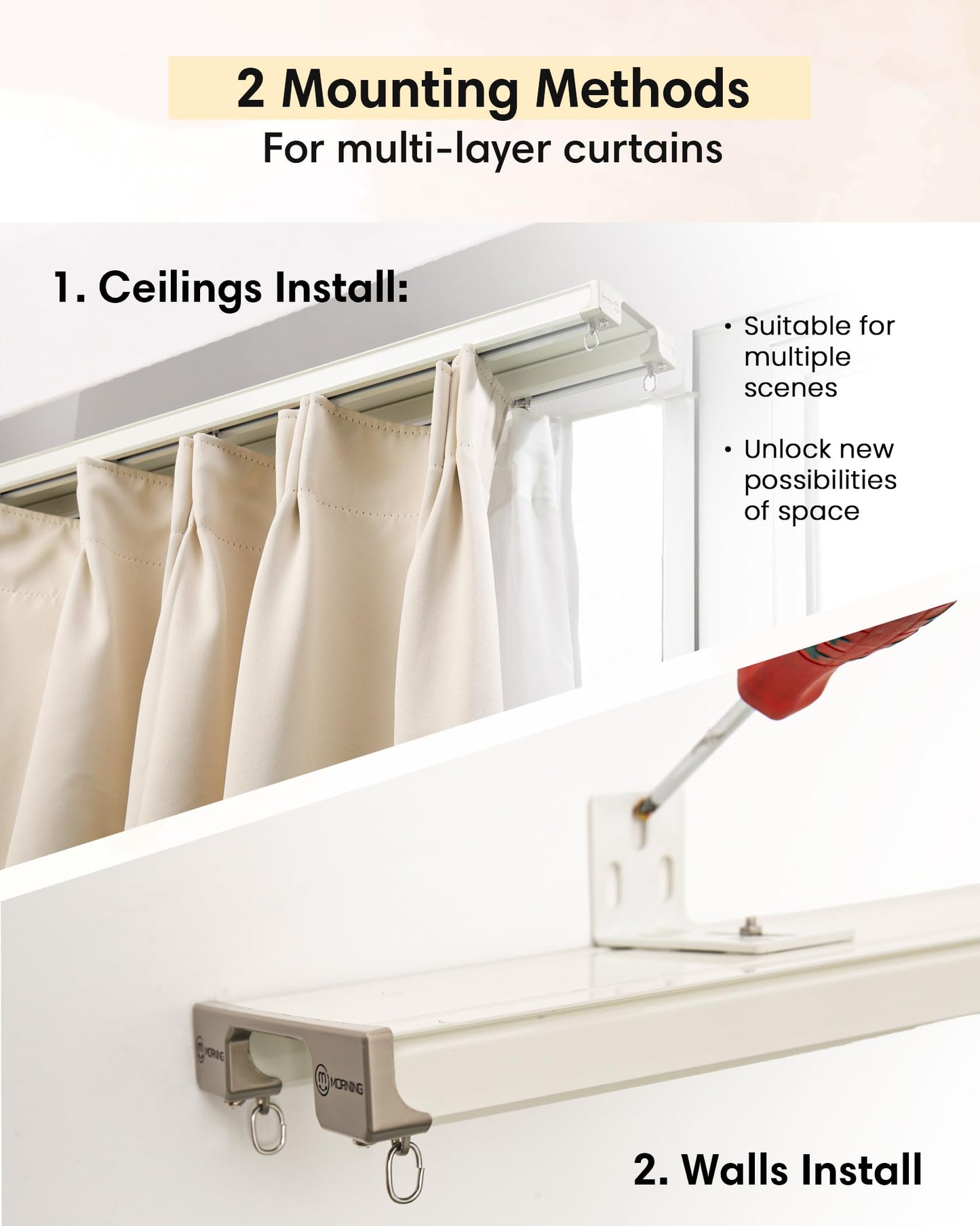 Ezcasch Ceiling Curtain Track Set - Dual Track Ceiling & Wall Mount 10ft-12ft, Heavy-Duty Double Track Rails with Silent Slides, Room Divider Double Track System, Includes Hooks/Clips/Brackets, White