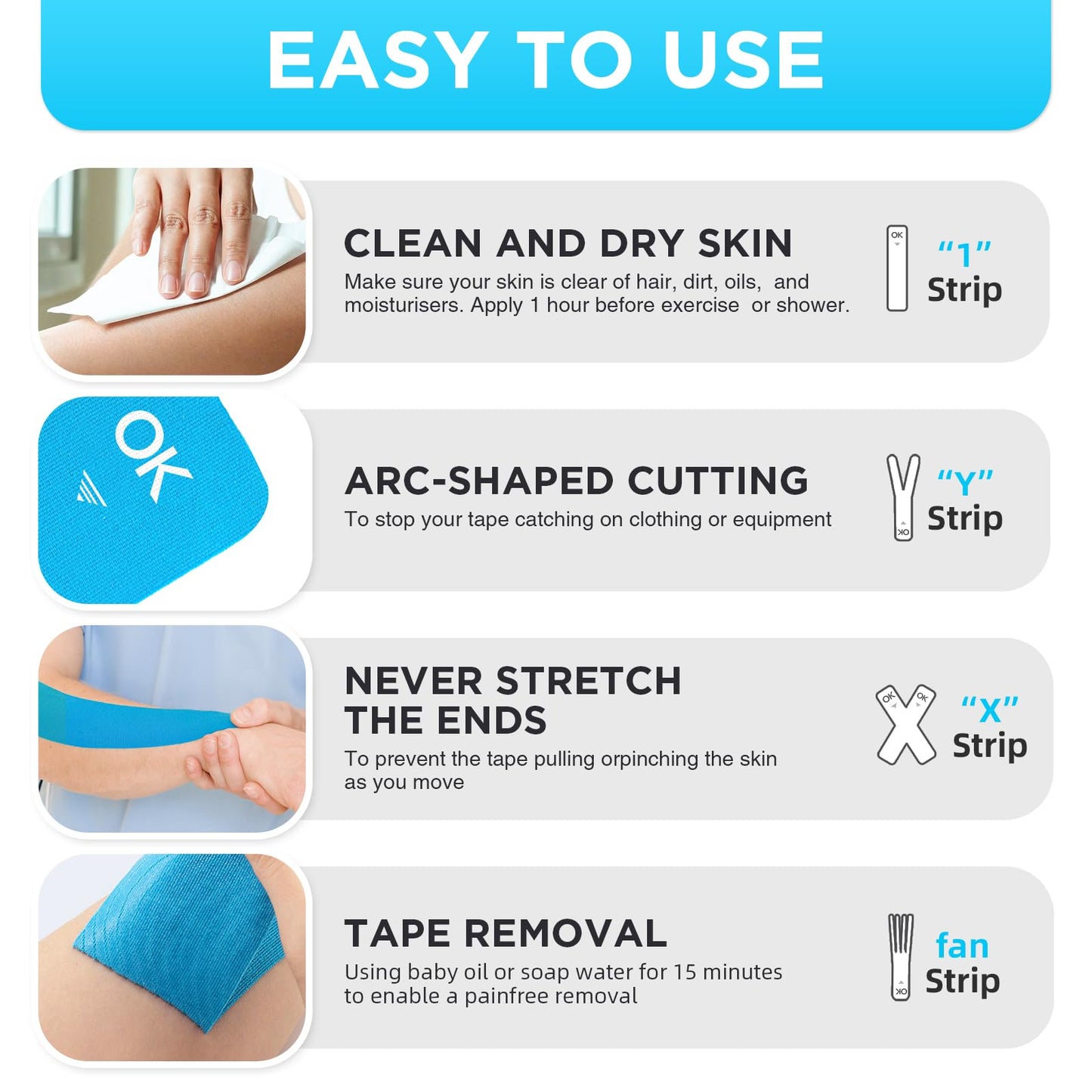 OK TAPE Kinesiology Tape 10 inches Precut, 20 Strips, Cotton Elastic Athletic Tape Latex Free, 2in x 16ft, Light Blue