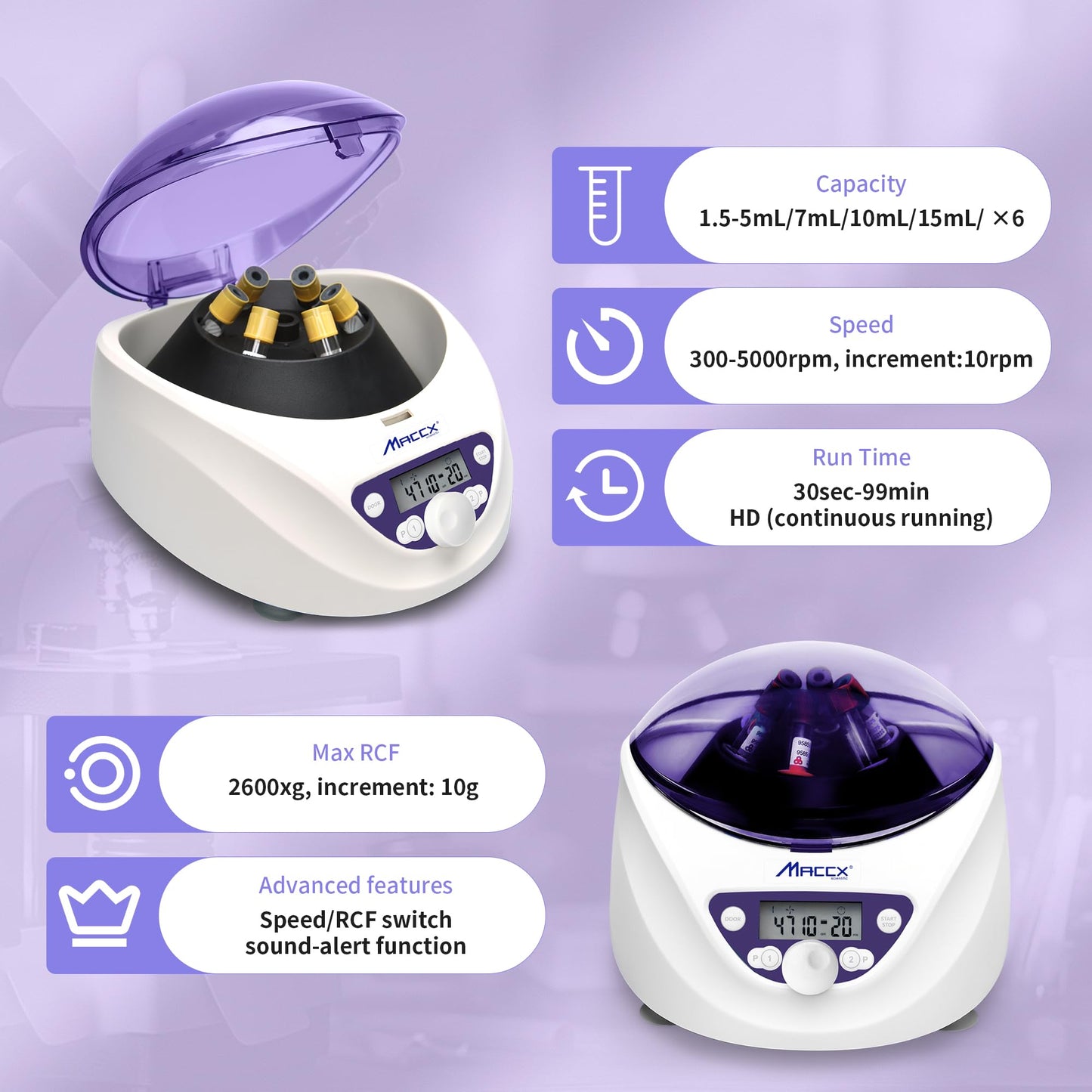Maccx Lab PRP Benchtop Centrifuge Machine, Speed Range from 300-5000RPM, Rotor for 1.5-5mL/7mL/10mL/15mL/ x6 Tubes, Max. RCF 2600xg Low Speed PRF Benchtop Centrifuge, CEN-001