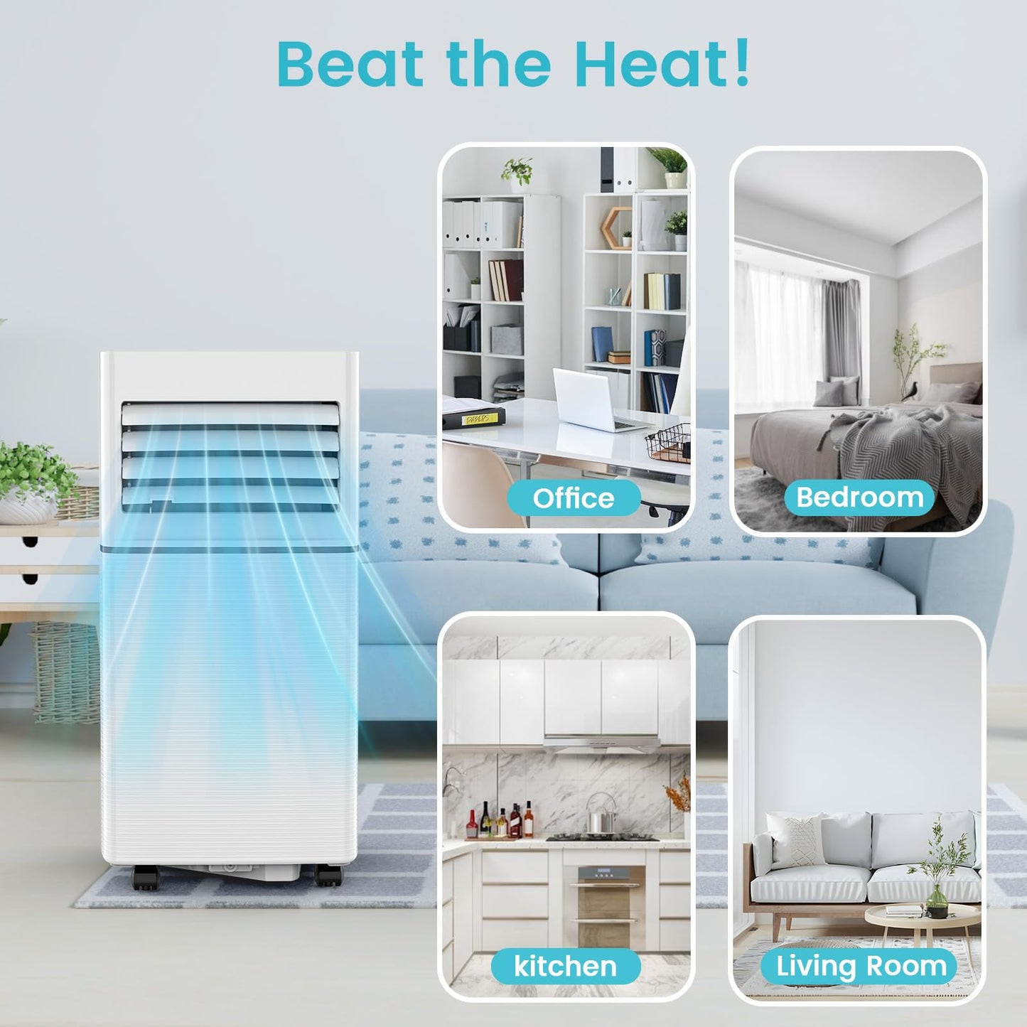 Electactic 8,000 BTU Portable Air Conditioner, 4-in-1 AC Cooler Dehumidifier Fan with LED Display, Remote Control, Quiet, Sleep Mode, 360° Casters, Window Kit for Room Office Apartment